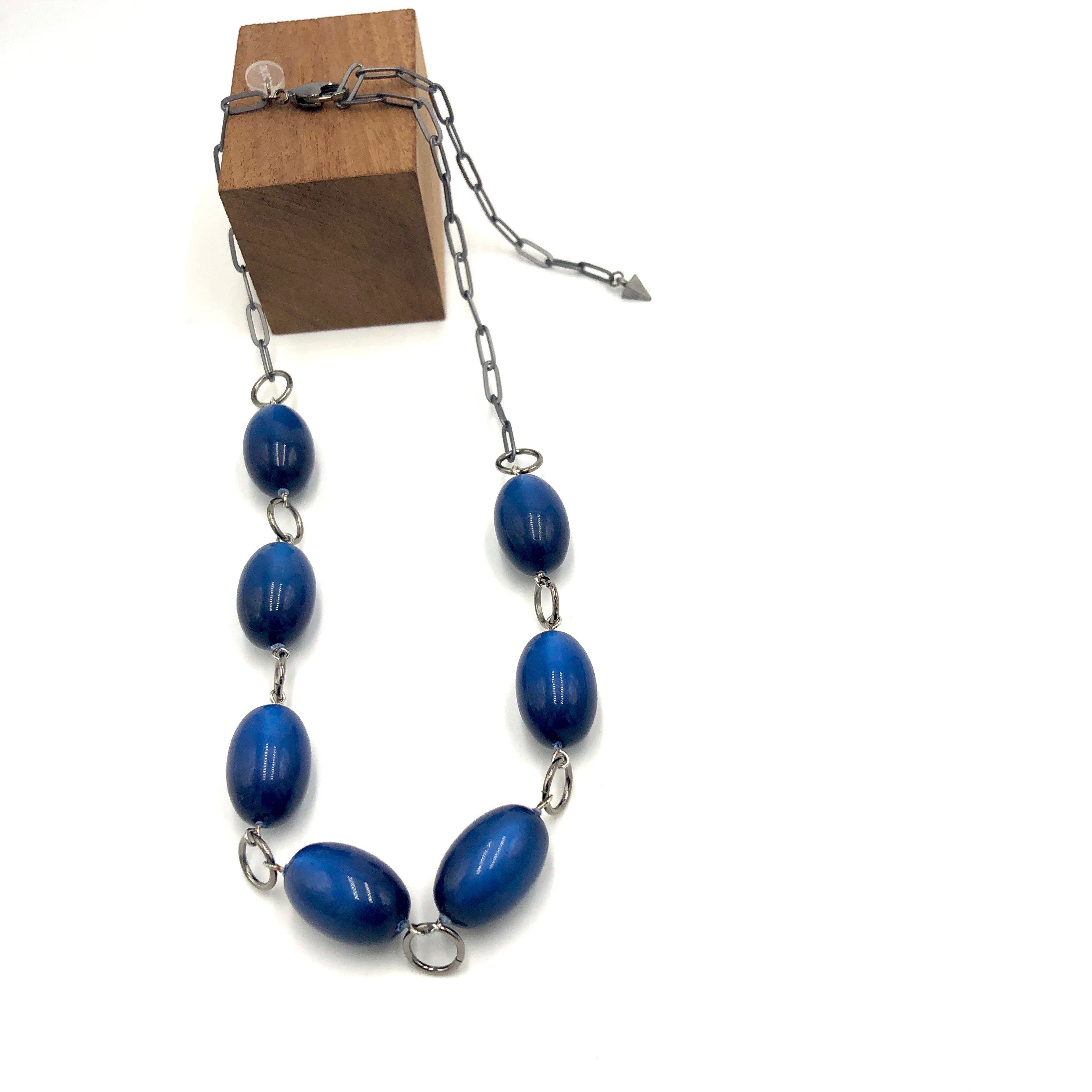 Blue Moonglow Bulb Oval Stations Necklace