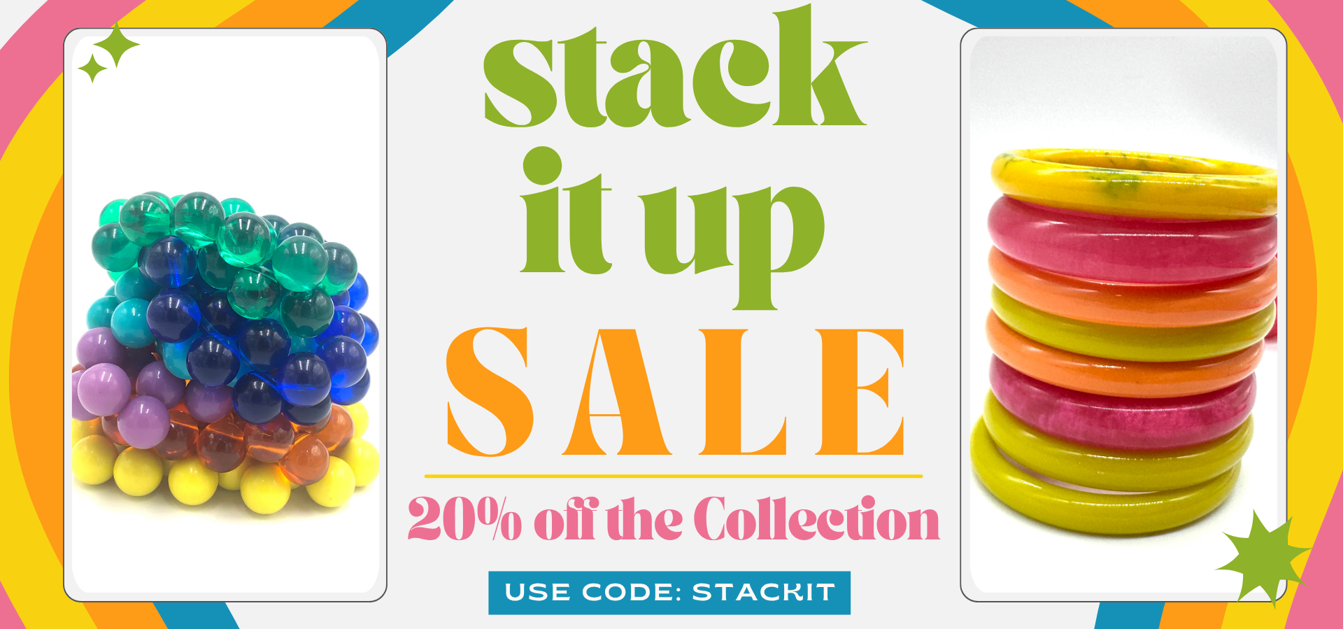 Colorful stackable beads with promotional text for a sale on a white background