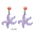Pair of purple starfish-shaped earrings with pink tops on a white background