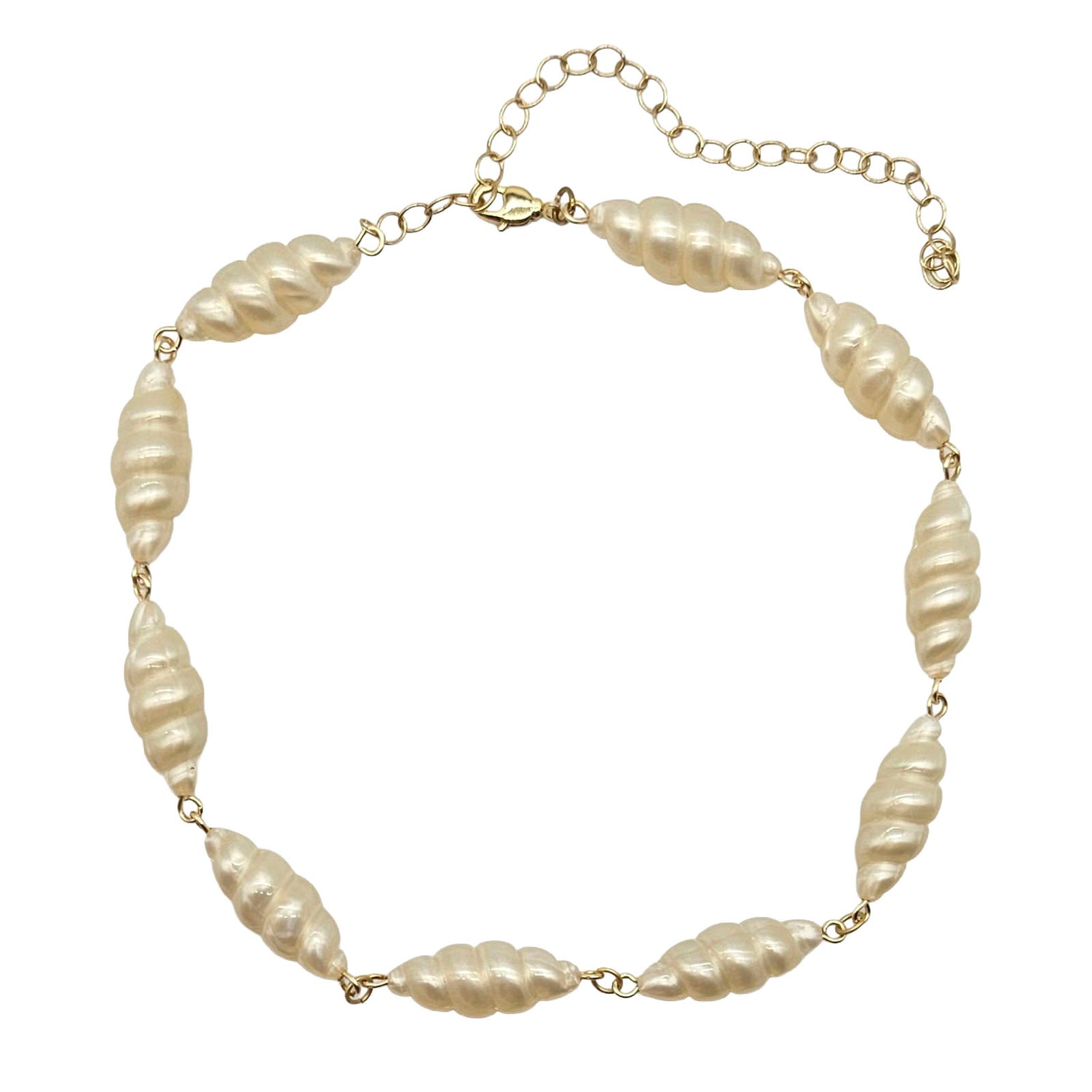 Lucite pearl necklace with gold chain on a white background