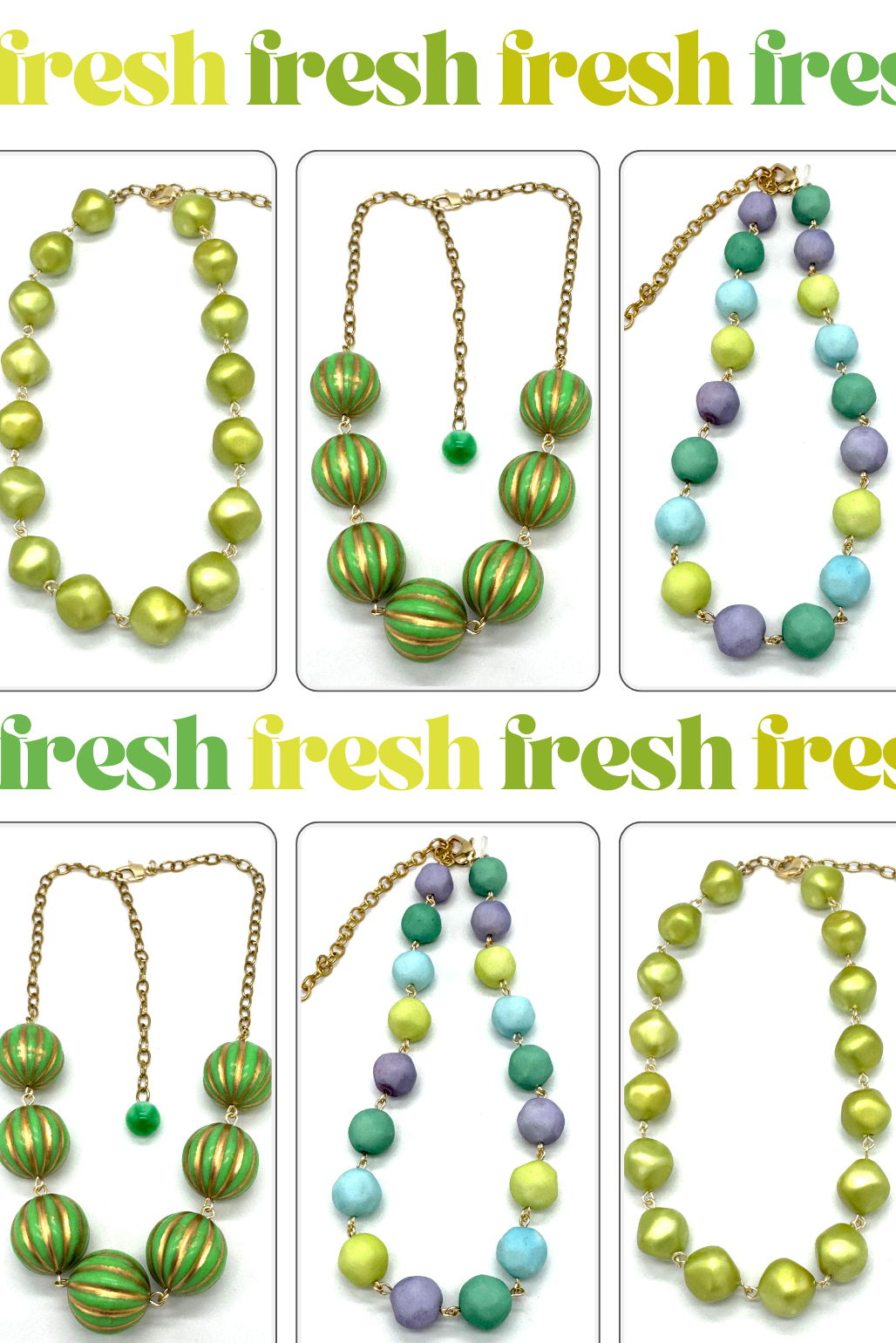 Colorful beaded necklaces with 'fresh' text overlay on a white background