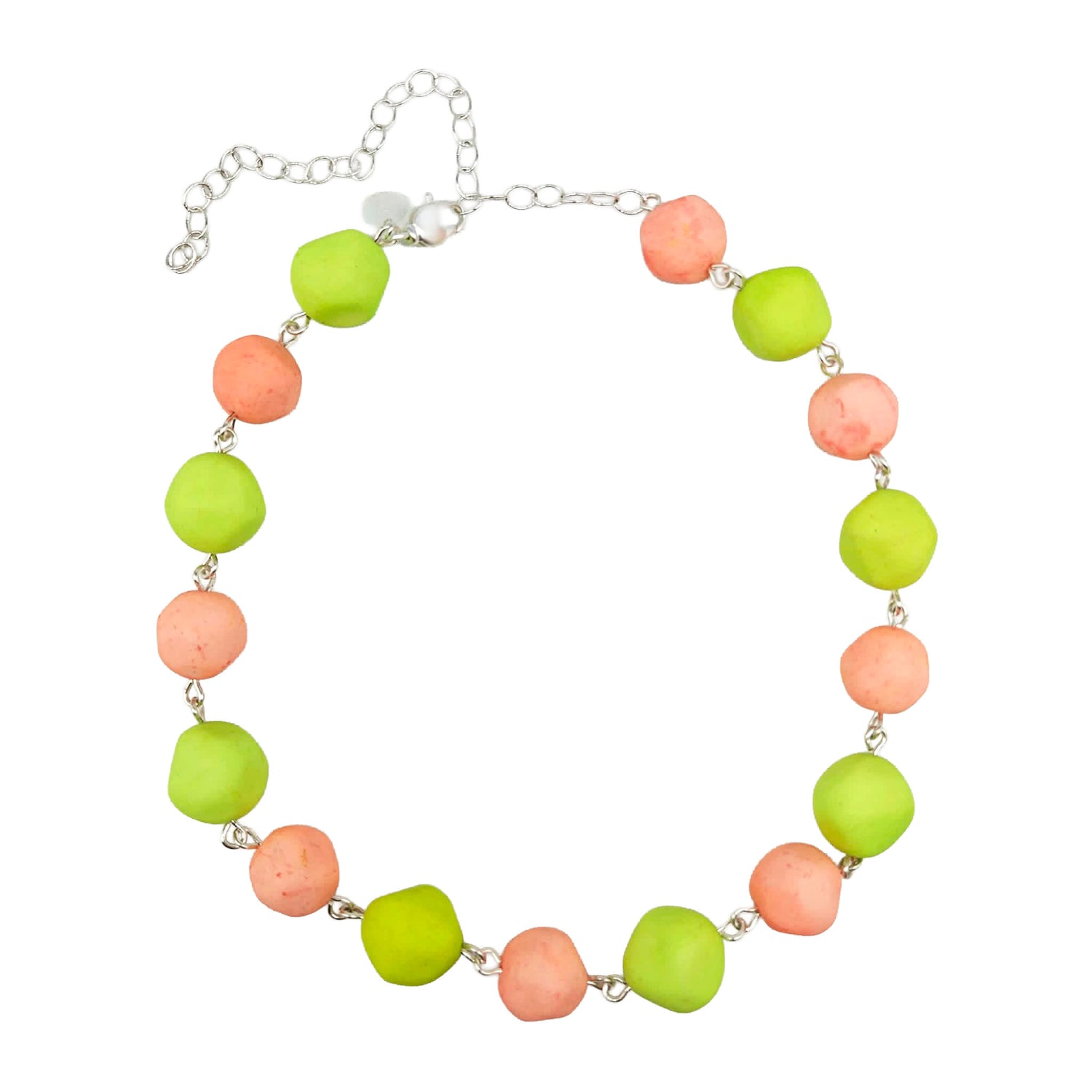 Peach and lime green beaded necklace on a white background.