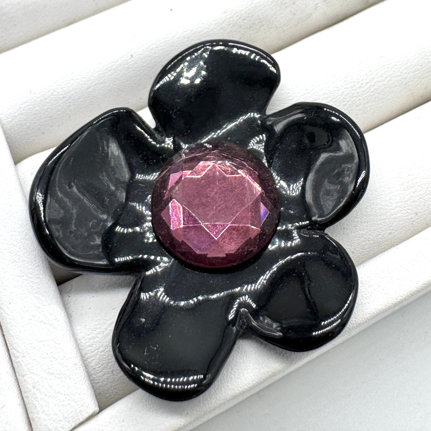 Black Coco Flower Cocktail Ring — Amethyst Faceted Foil Glass Center