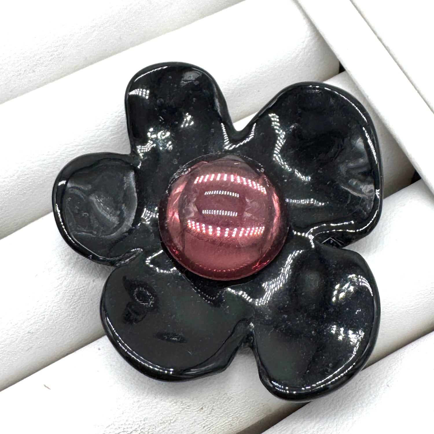 Black Coco Flower Cocktail Ring — Amethyst Foil Glass Center