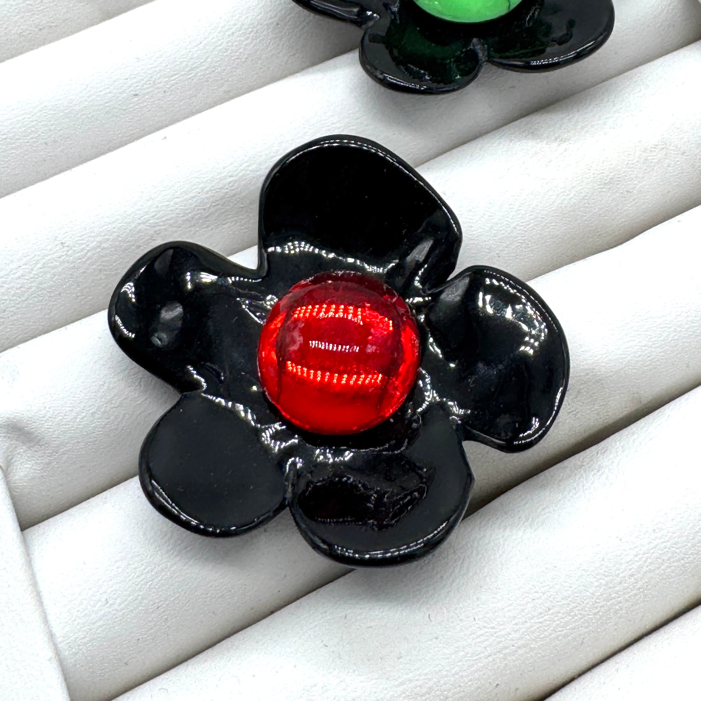 Black Coco Flower Cocktail Ring — Cherry Foil Center