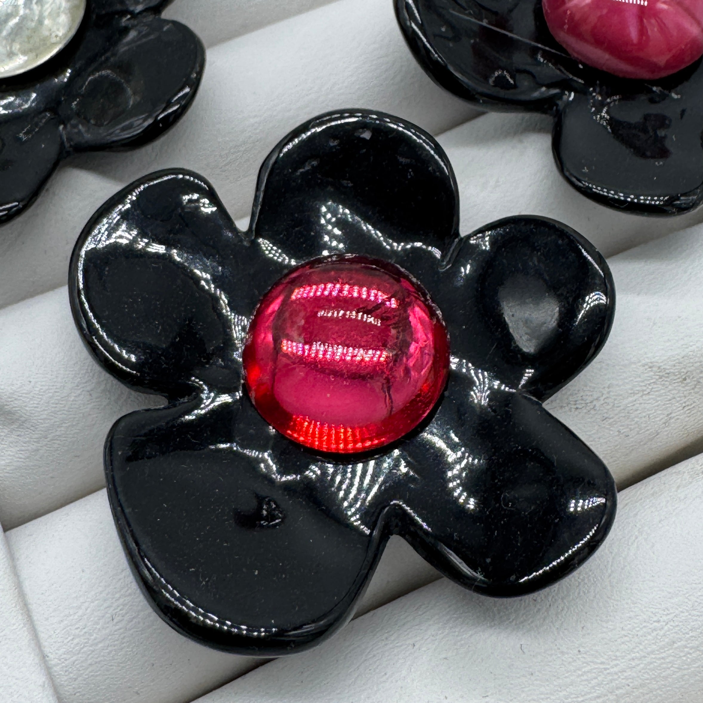 Black Coco Flower Cocktail Ring — Cranberry Foil Center