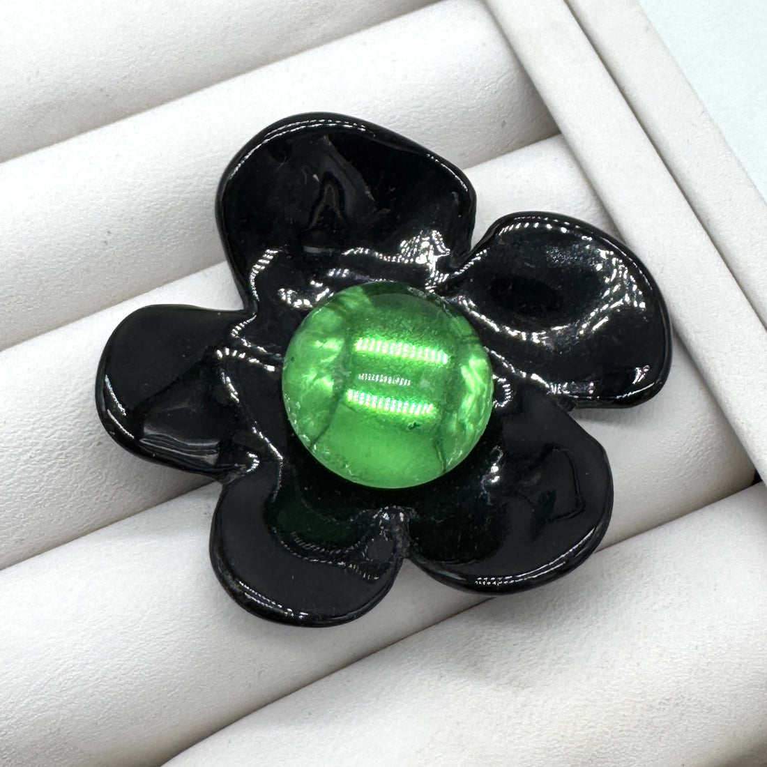 Black Coco Flower Cocktail Ring — Green Foil Center