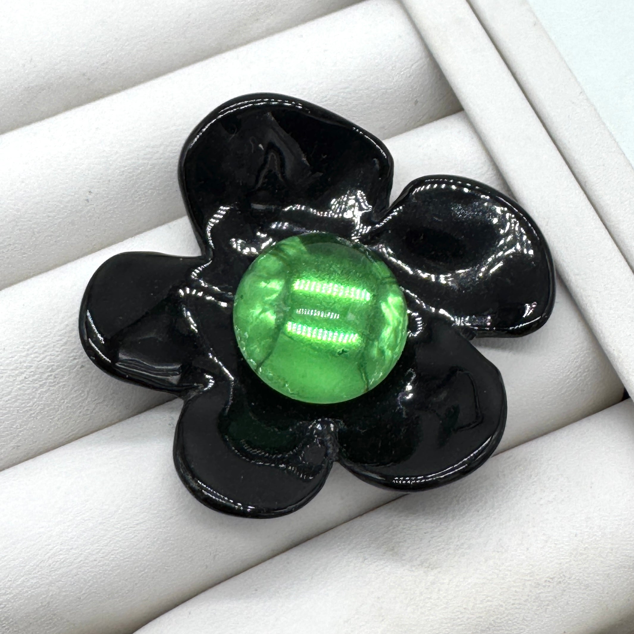 Black Coco Flower Cocktail Ring — Green Foil Center