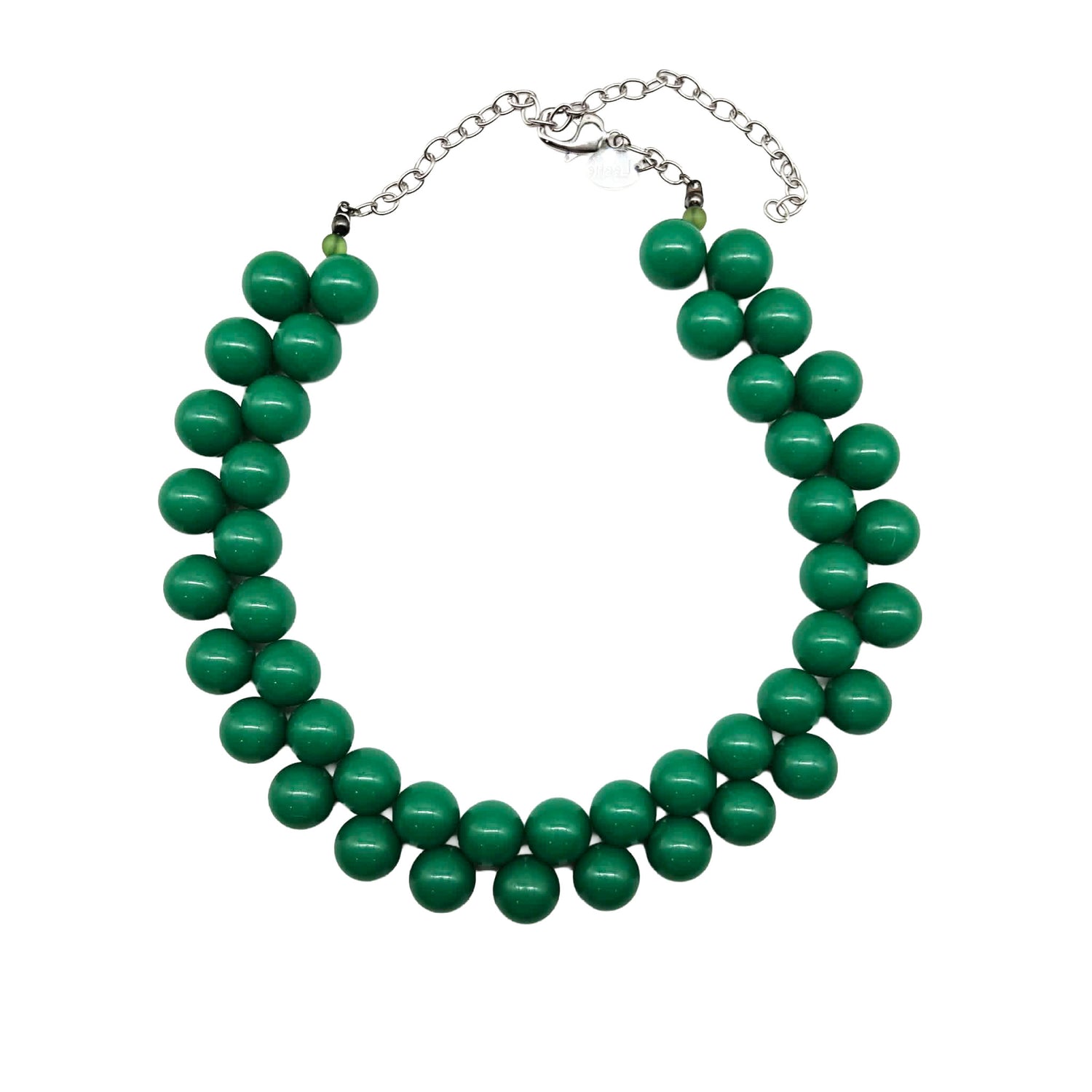 Opaque green beaded necklace on a white background.