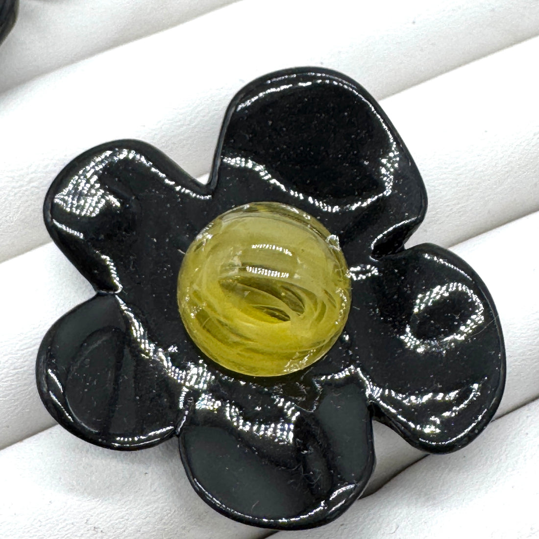Black Coco Flower Cocktail Ring — Bright Yellow Marble Center