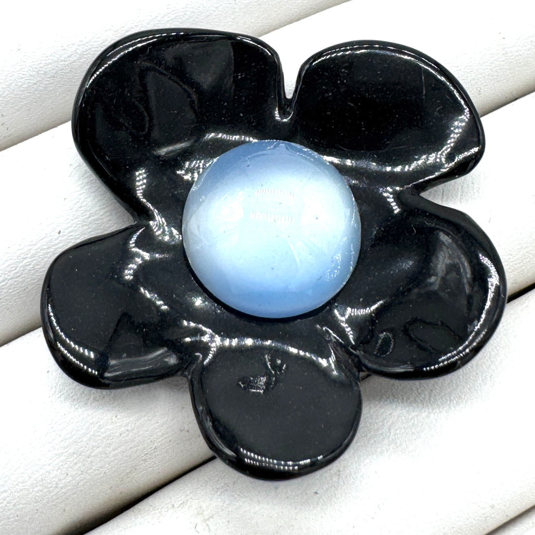 Black Coco Flower Cocktail Ring — Light Blue Satin Center