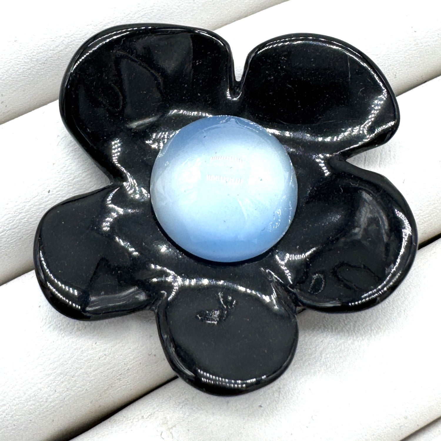 Black Coco Flower Cocktail Ring — Light Blue Satin Center