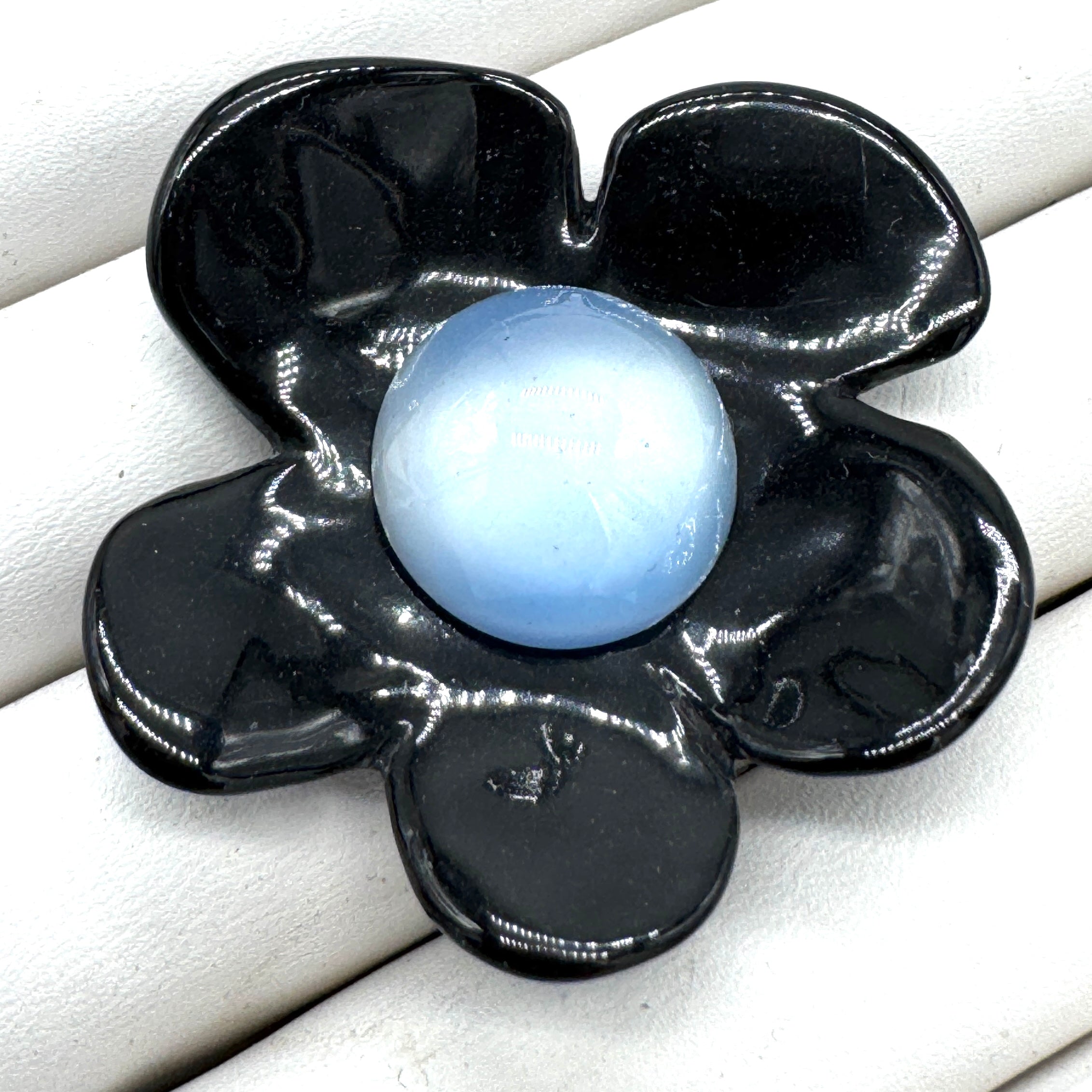 Black Coco Flower Cocktail Ring — Light Blue Satin Center