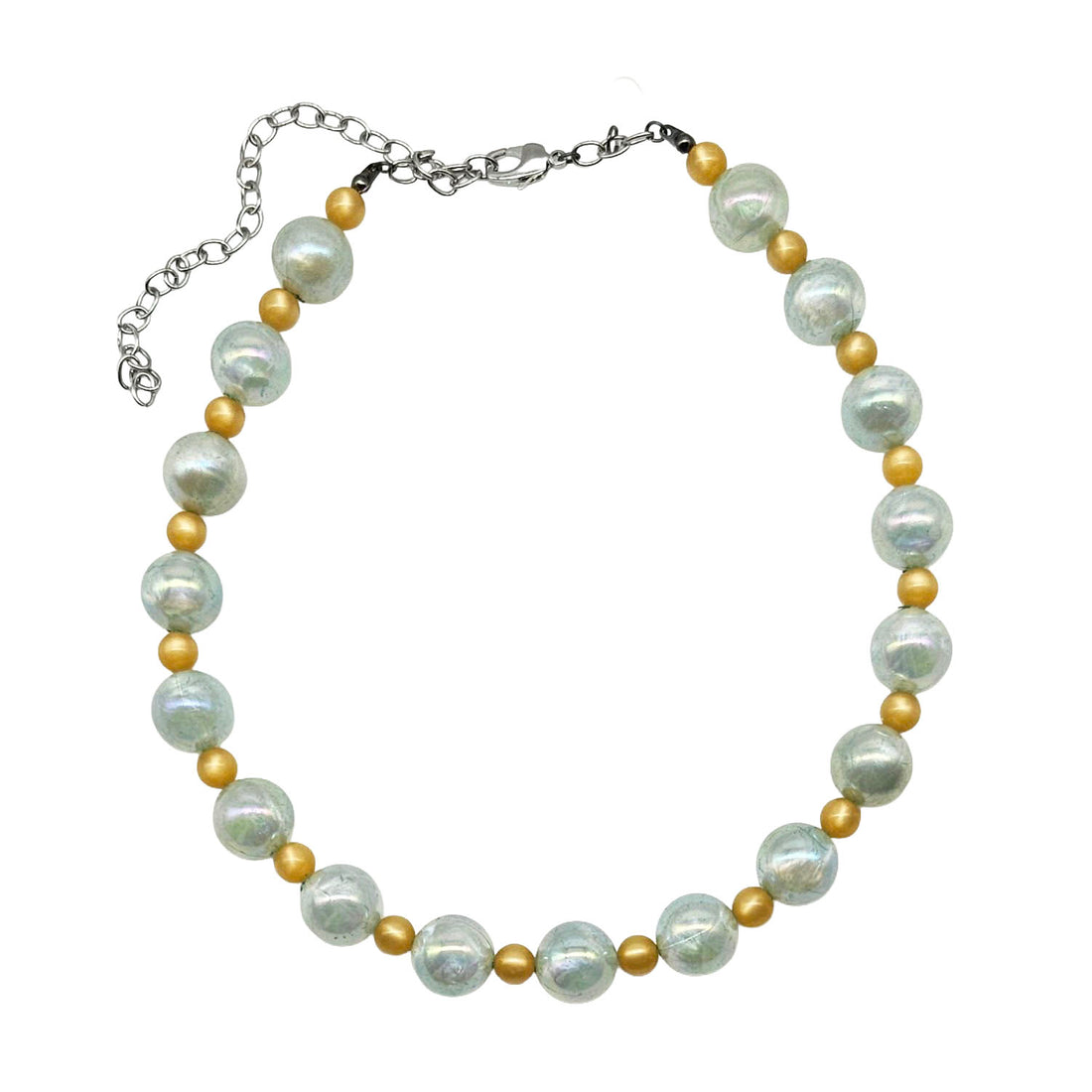 Pearlized lucite and golden moonglow lucite bead necklace on a white background
