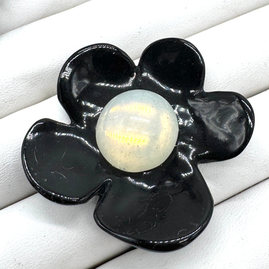 Black Coco Flower Cocktail Ring — White Opal Foil Center