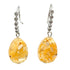 Pair of amber-colored earrings with silver hooks on a white background