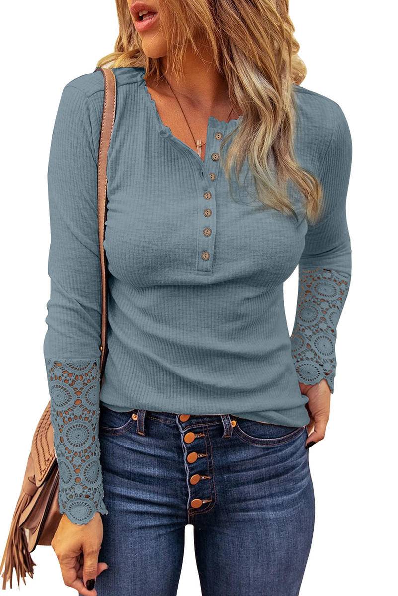Crochet Lace Hem Sleeve Button Top