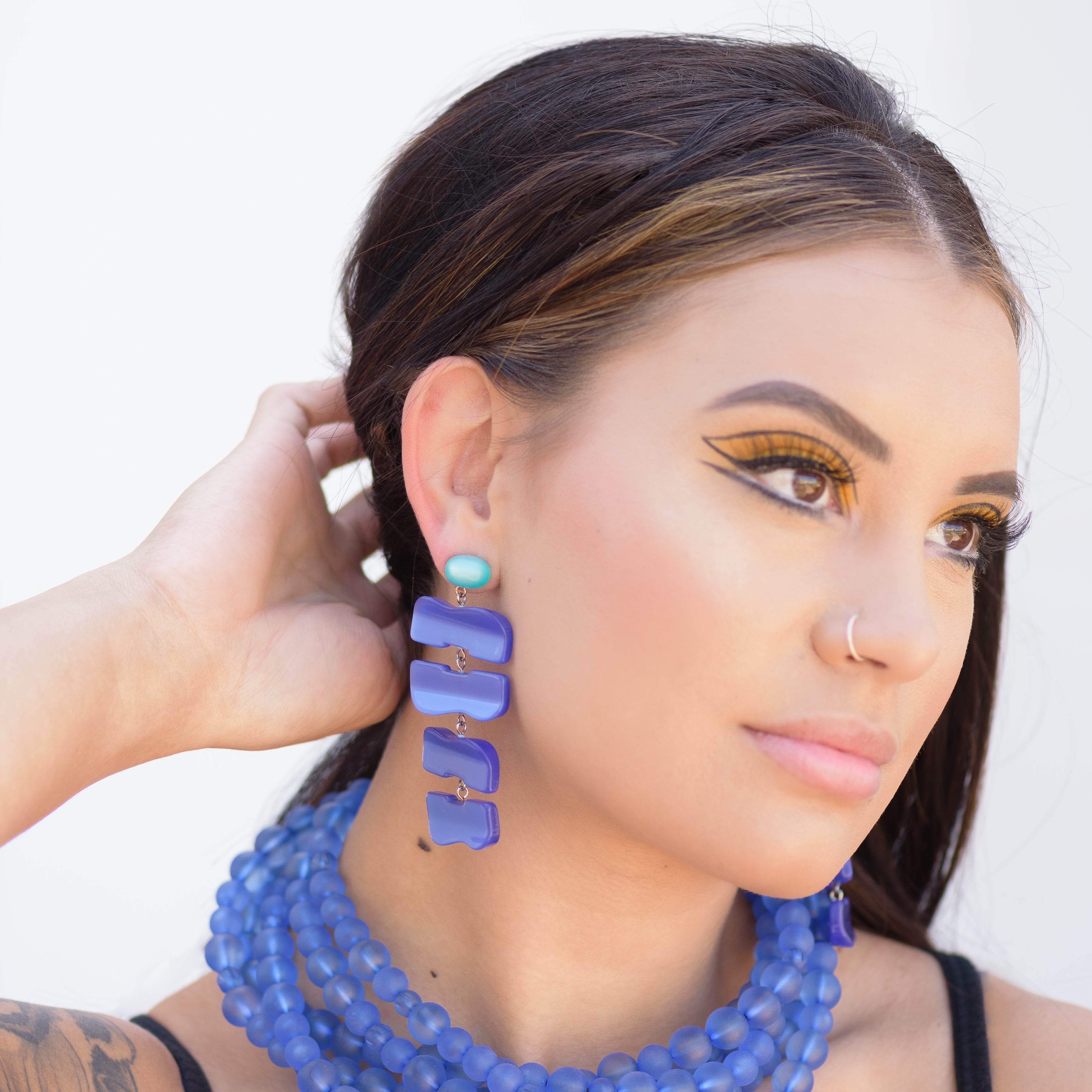 Teal &amp; Blue Hinged Buckle Stack Moonglow Statement Earrings *