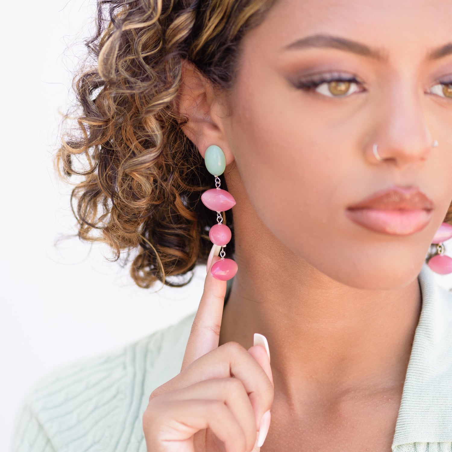 Green Opal &amp; Pink Moonglow Fish Scale Earrings