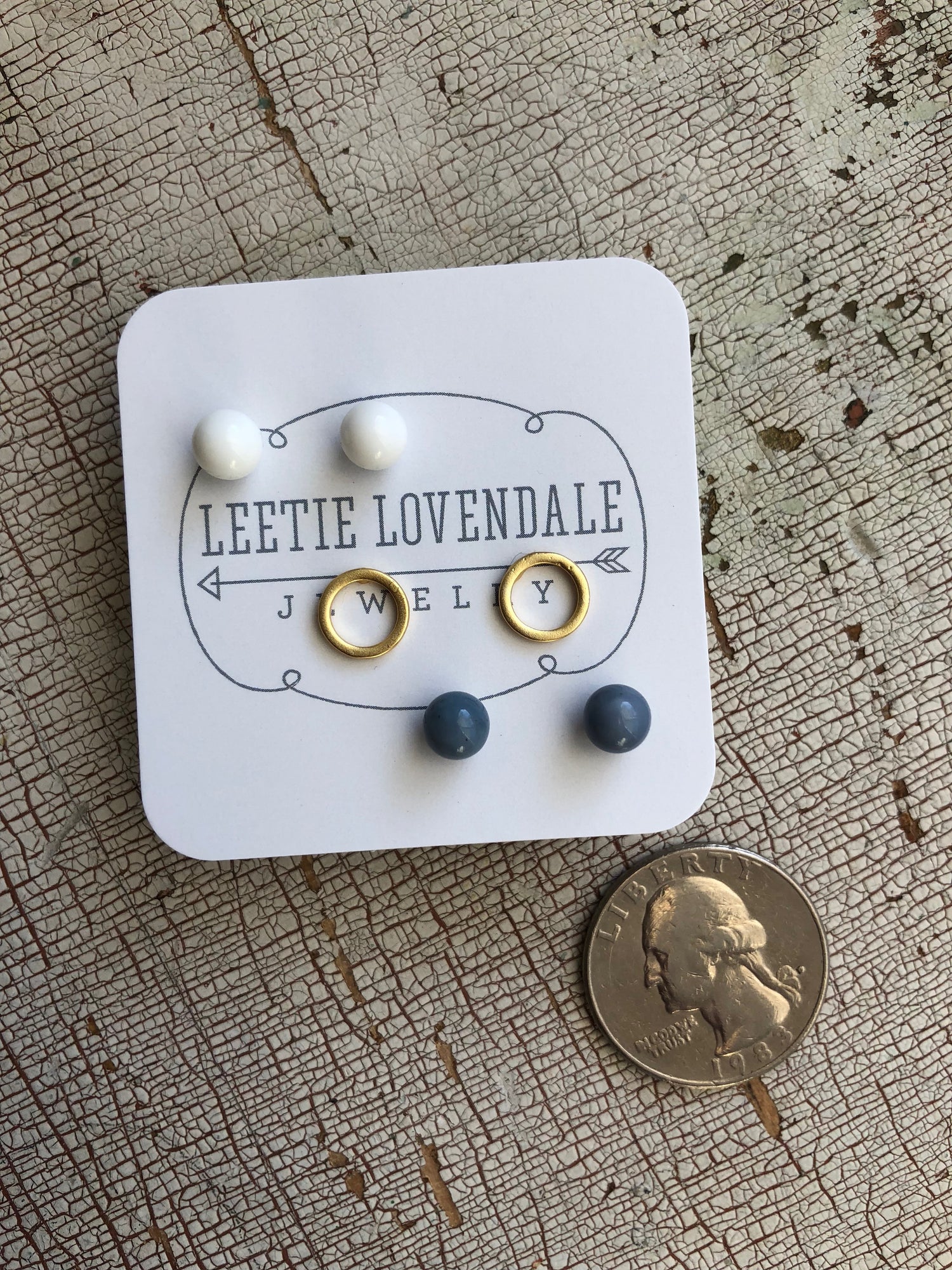White Frosted Gold Circles &amp; Slate Blue Tiny Geo Stud Earrings Set