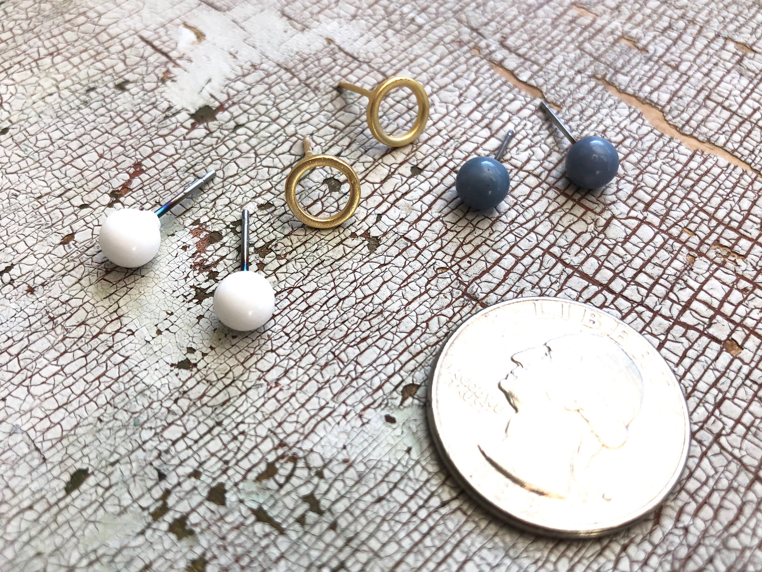 White Frosted Gold Circles &amp; Slate Blue Tiny Geo Stud Earrings Set