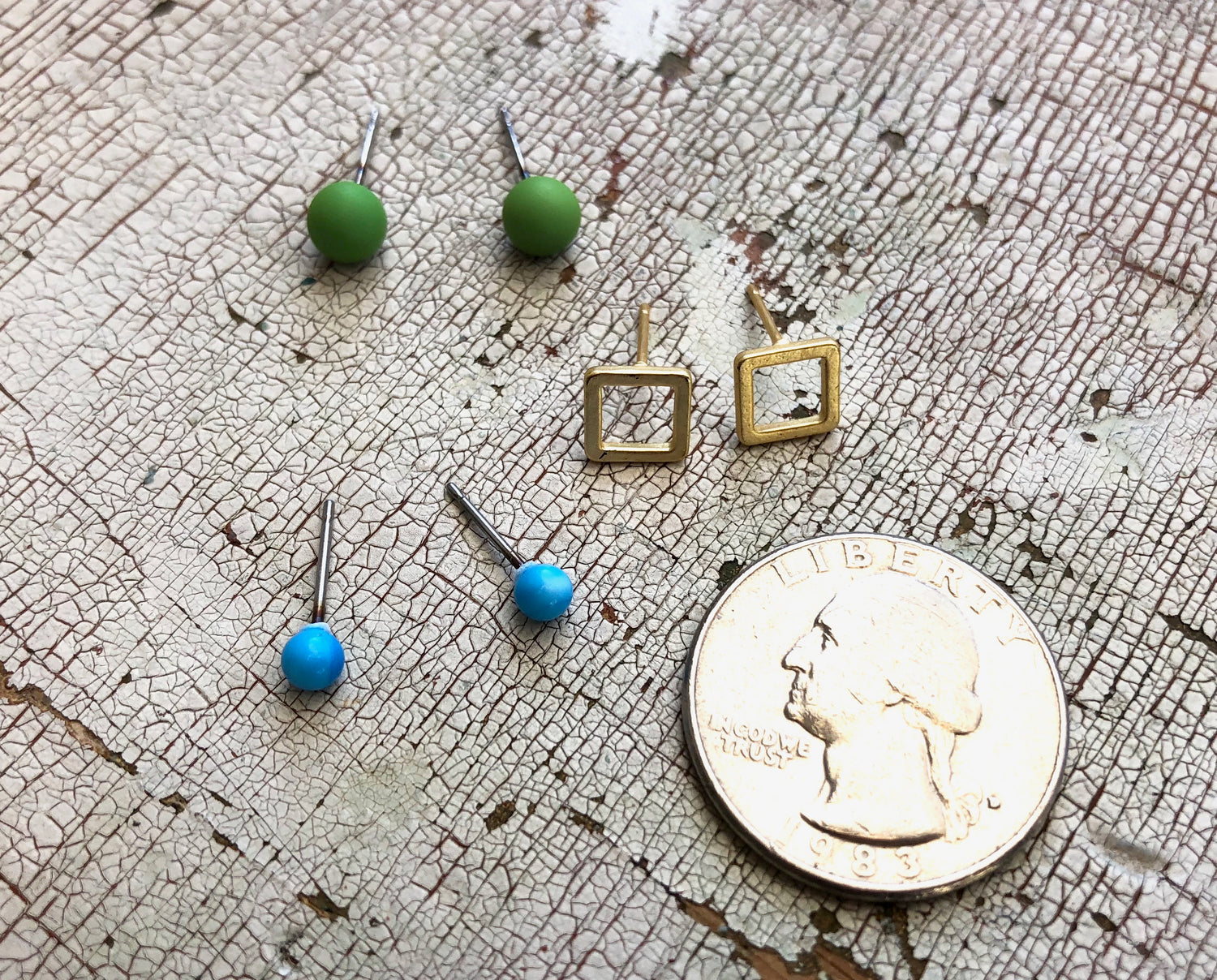 Turquoise Frosted Gold Squares &amp; Lime Green Tiny Geo Stud Earrings Set