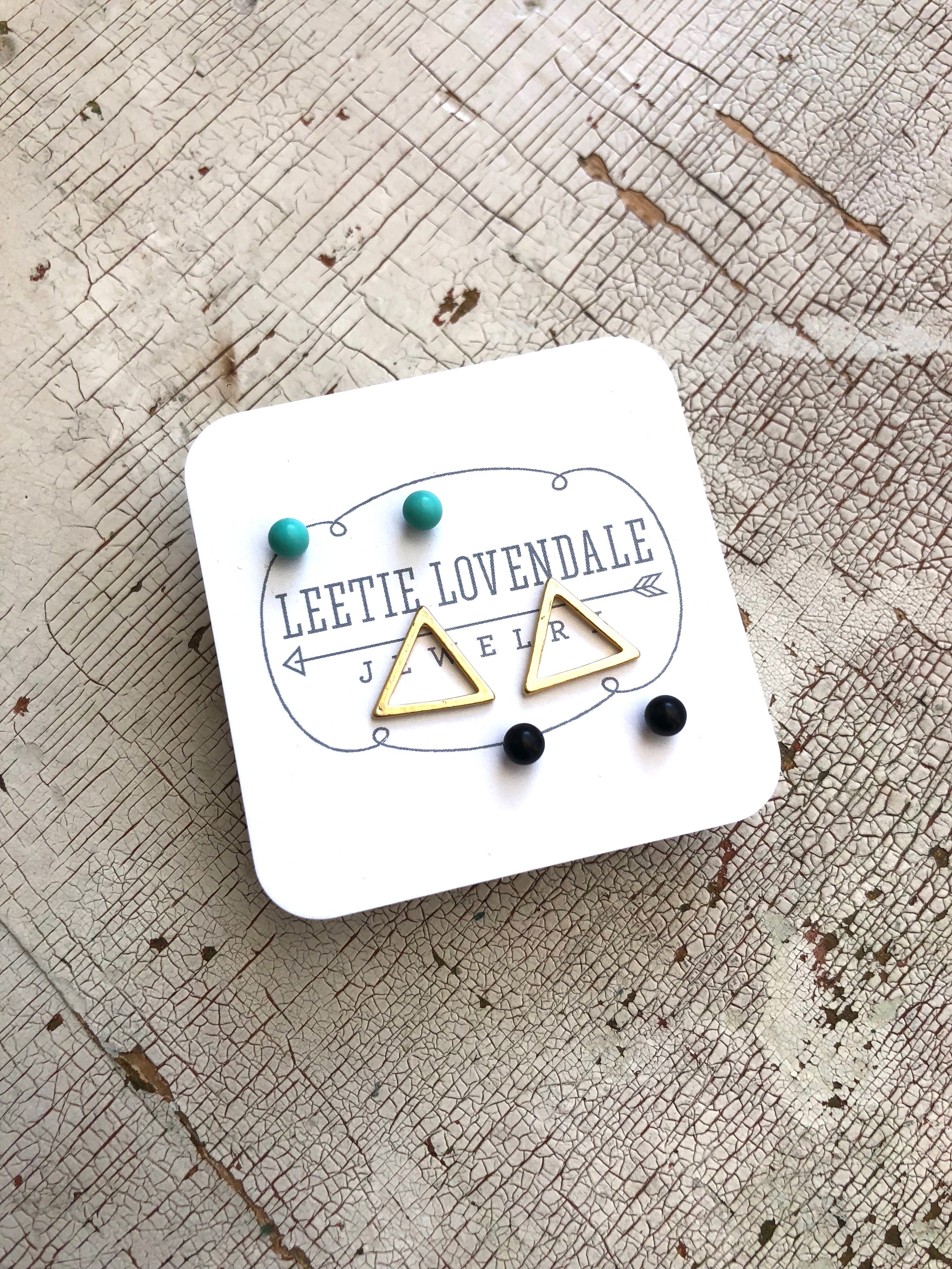 Mint Jet Black &amp; Frosted Gold Triangle Tiny Geo Stud Earrings