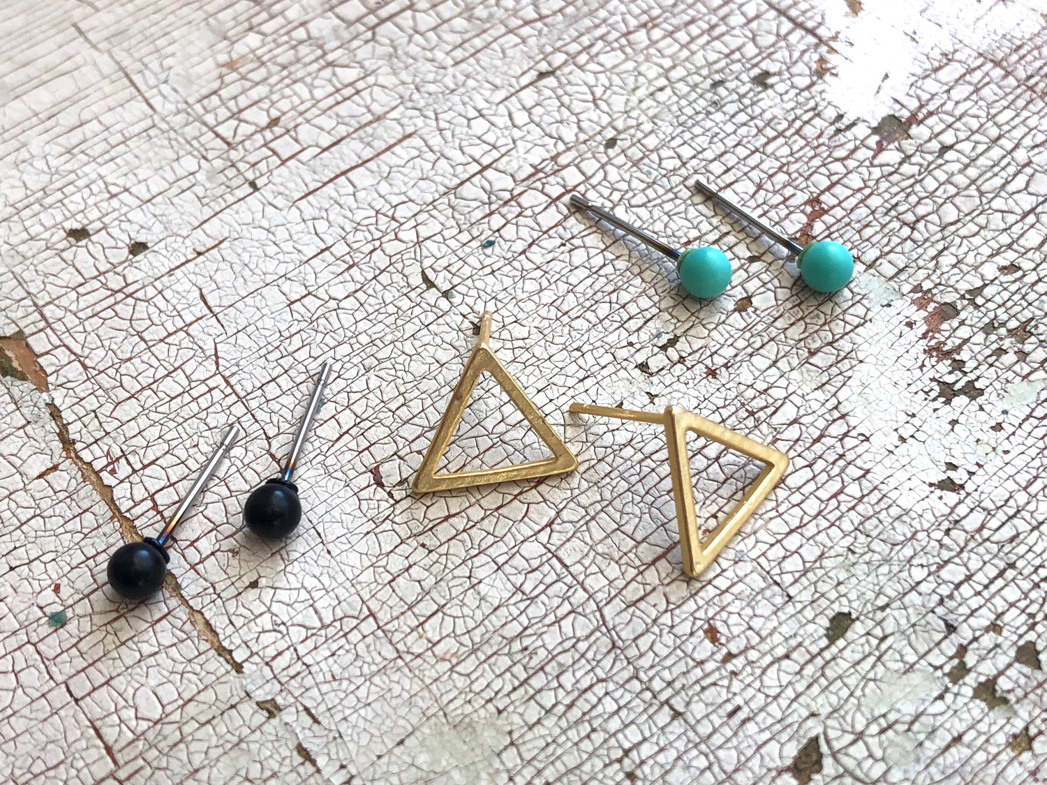 Mint Jet Black &amp; Frosted Gold Triangle Tiny Geo Stud Earrings