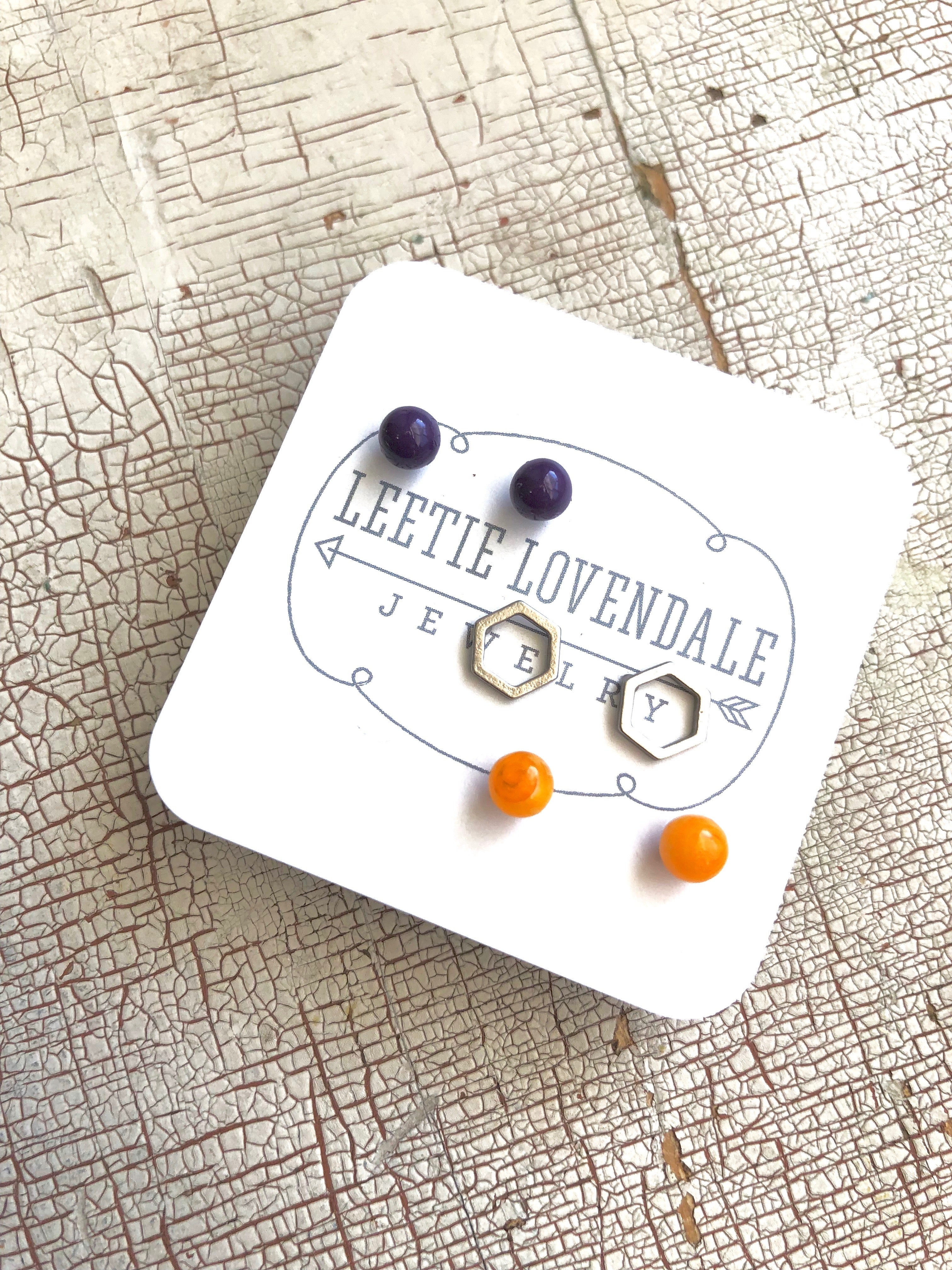 Tiny Dark Purple Amber &amp; Frosted Silver Hexagon Geo Stud Earrings Set