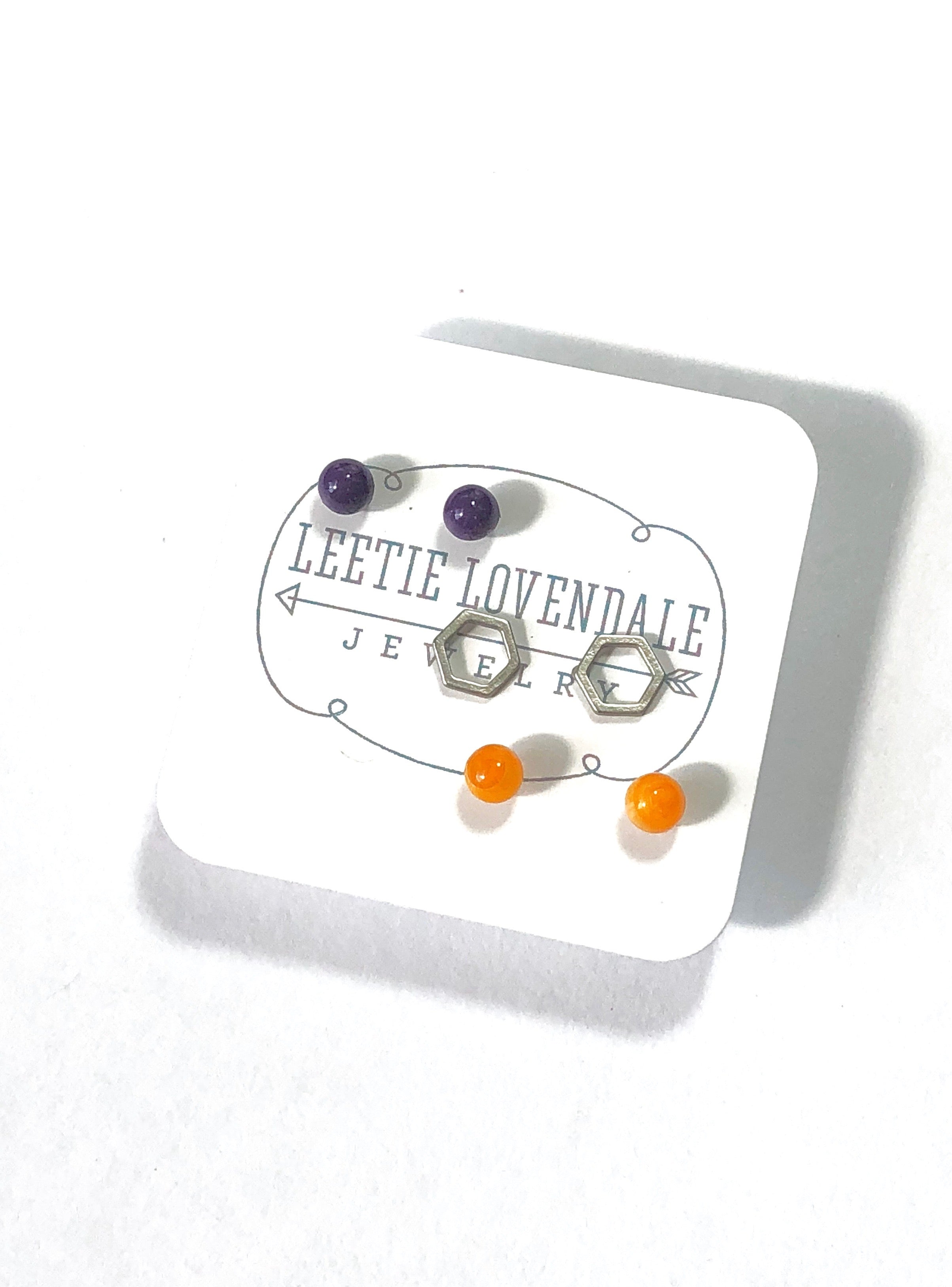 Tiny Dark Purple Amber &amp; Frosted Silver Hexagon Geo Stud Earrings Set