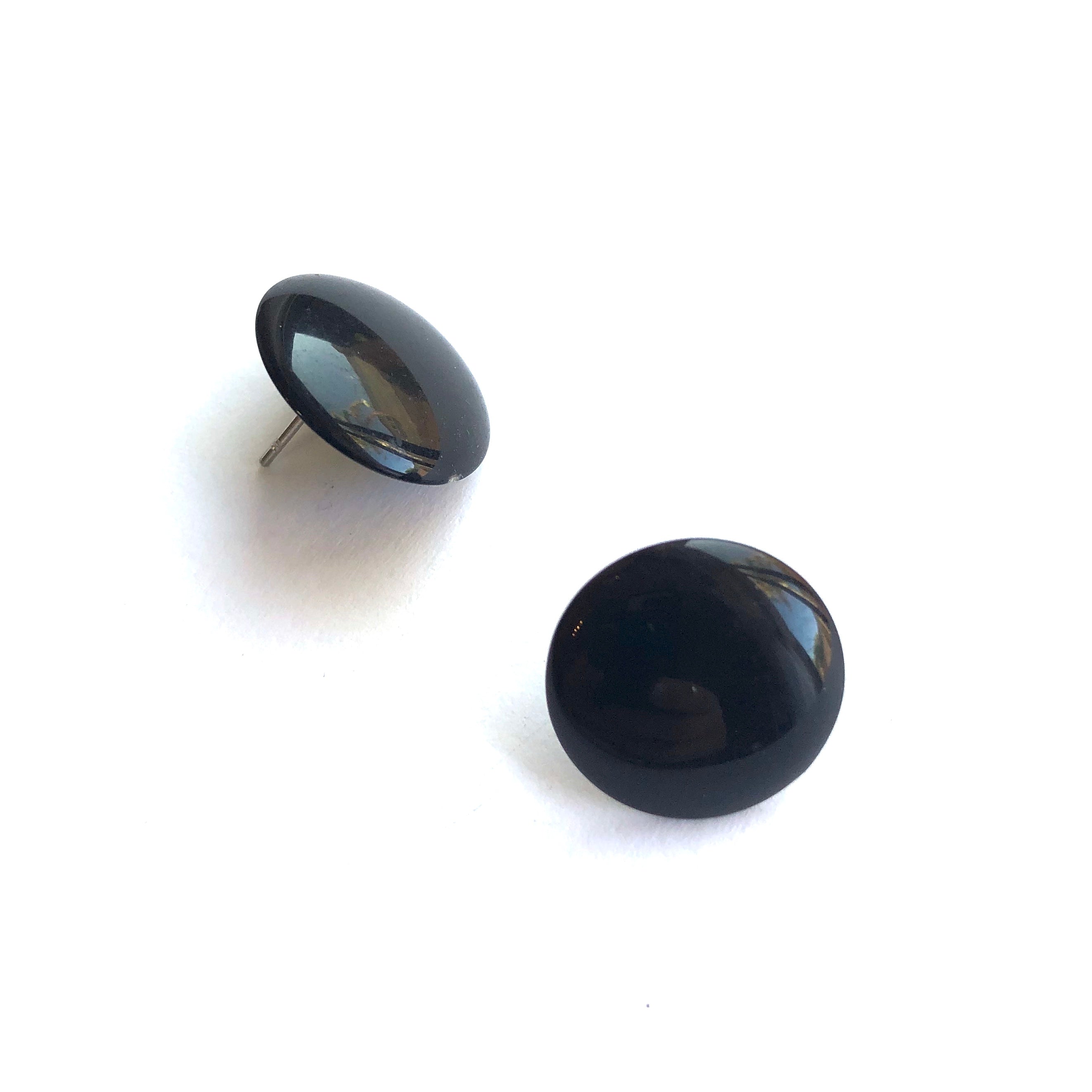 Black Shiny Retro Button Stud Earrings