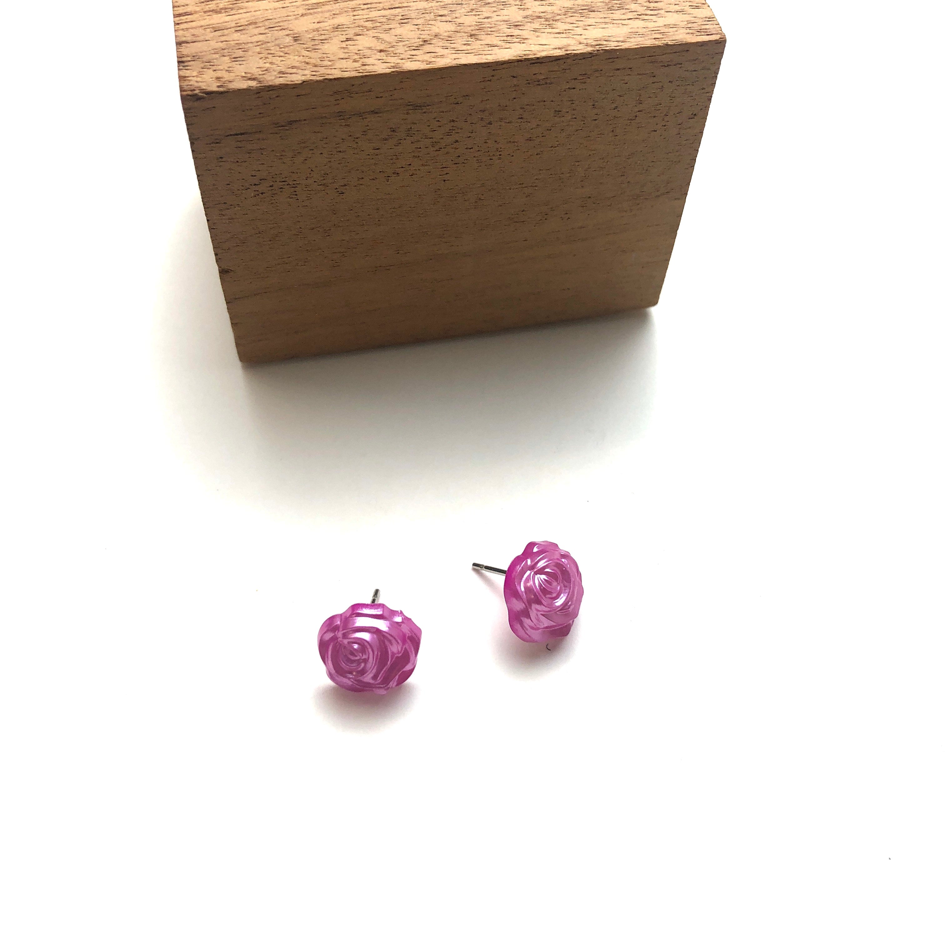 Hot PInk Pearl Rose Button Stud Earrings