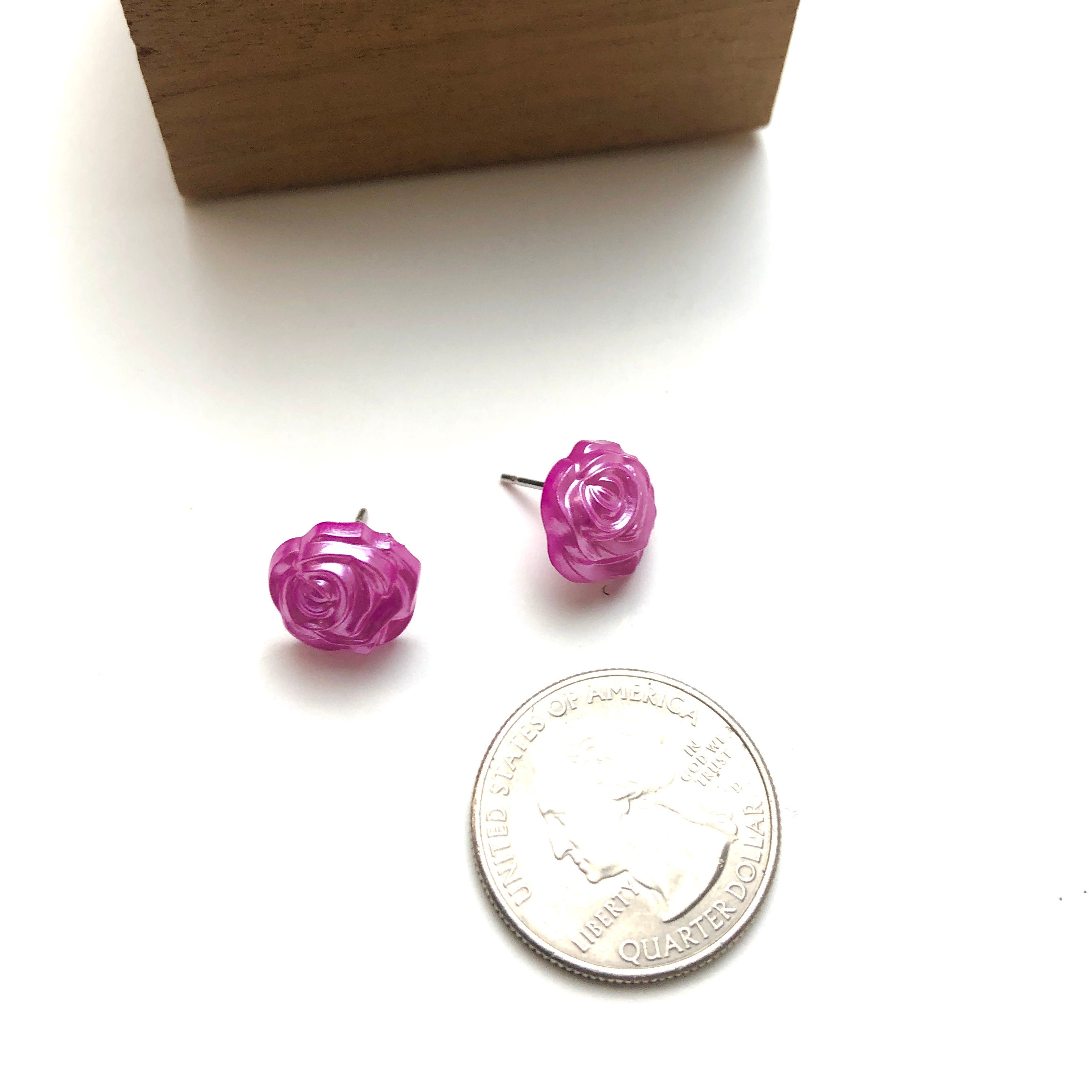 Hot PInk Pearl Rose Button Stud Earrings