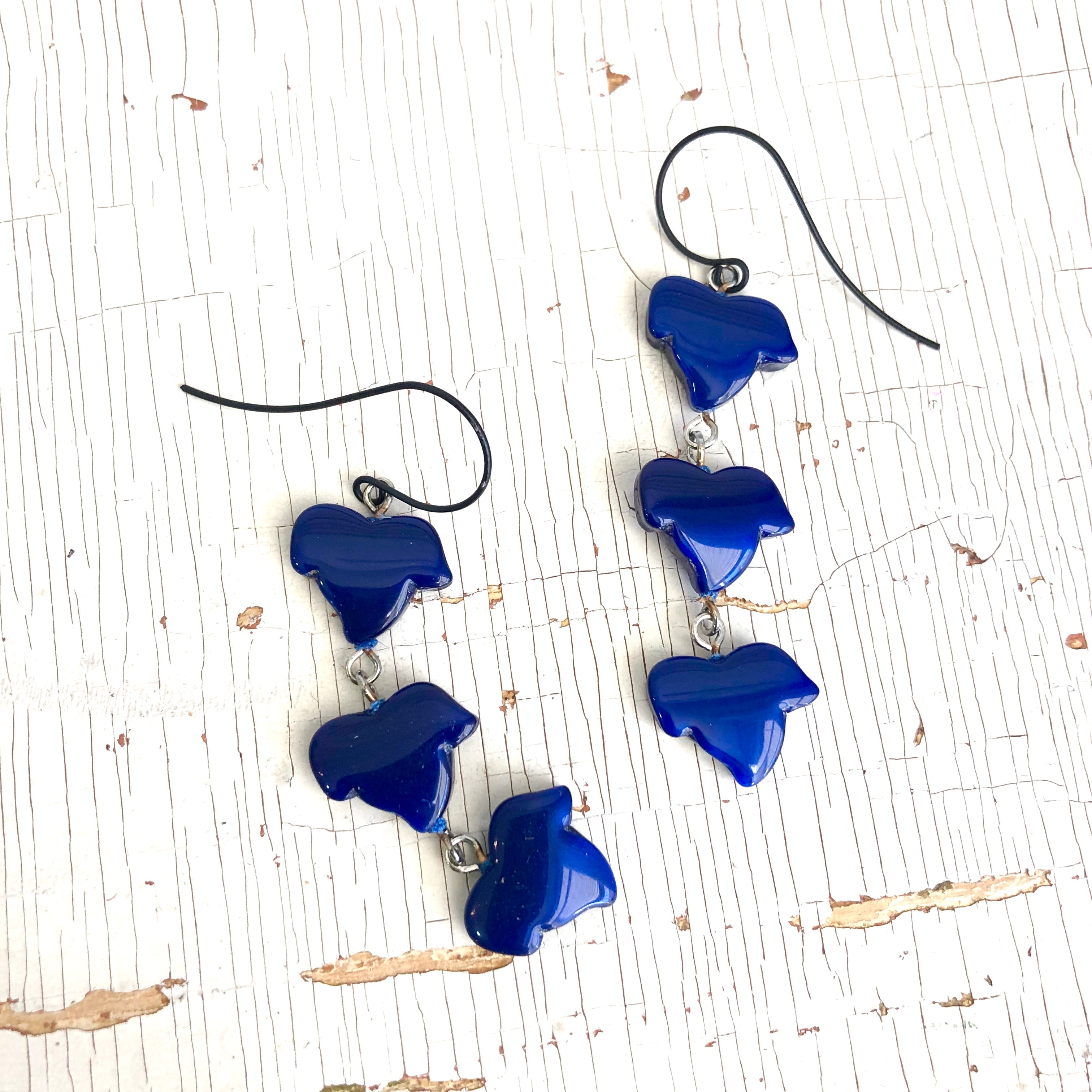 Cobalt Blue Moonglow Triple Leaf Drop Earrings