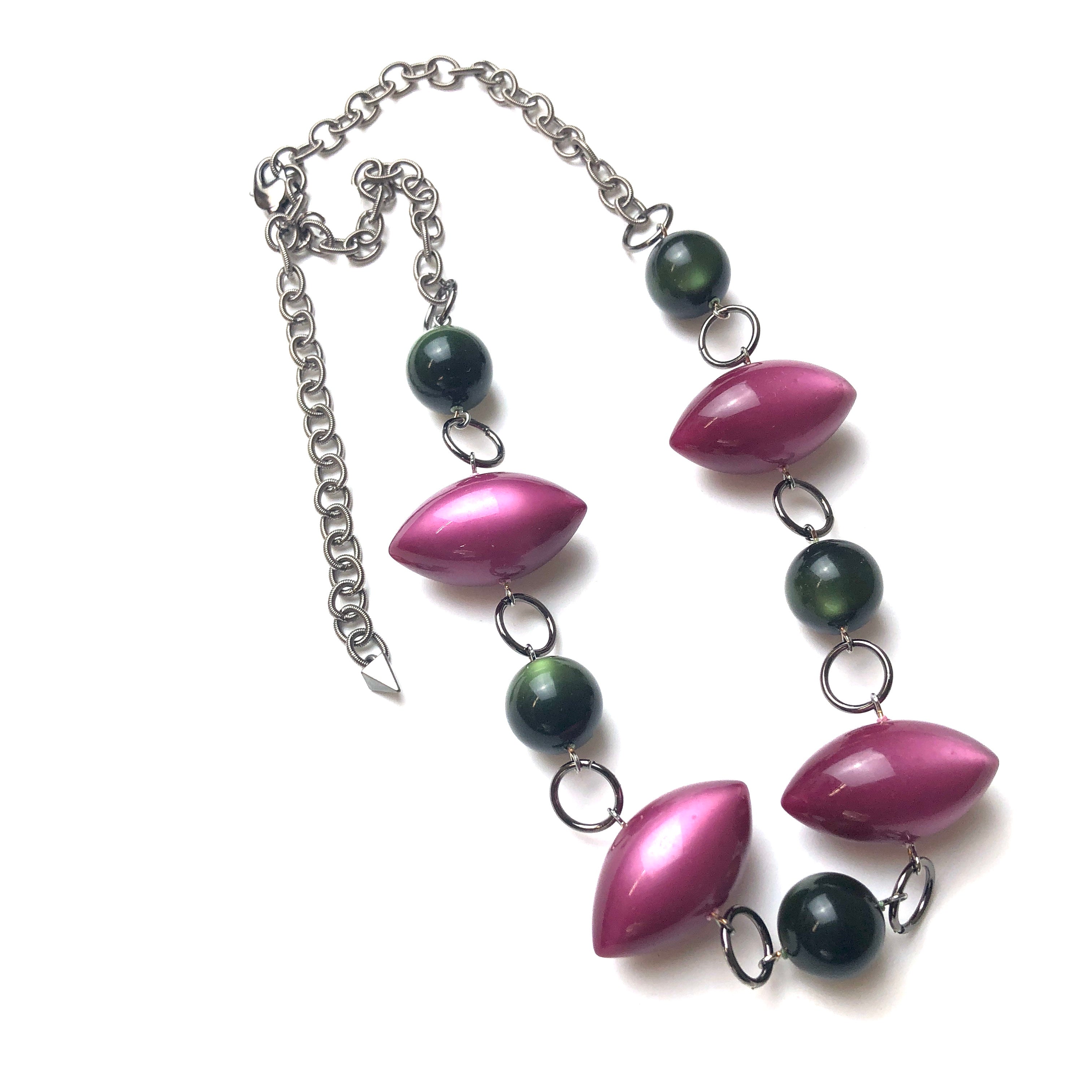 Deep Raspberry &amp; Forest Green Moonglow Stations Necklace