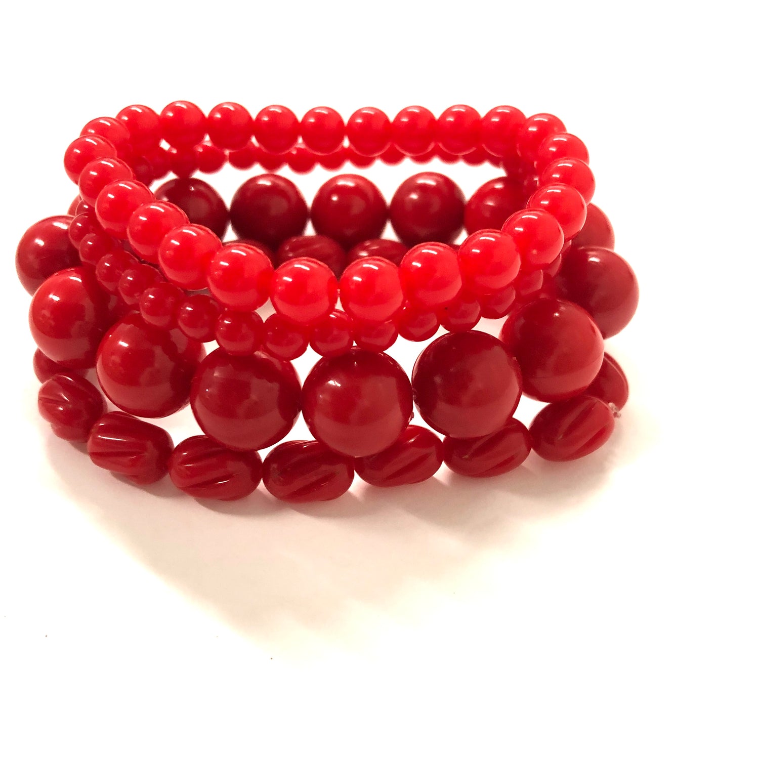 Bright Light Red Stack and Stretch Beaded Bracelets Set