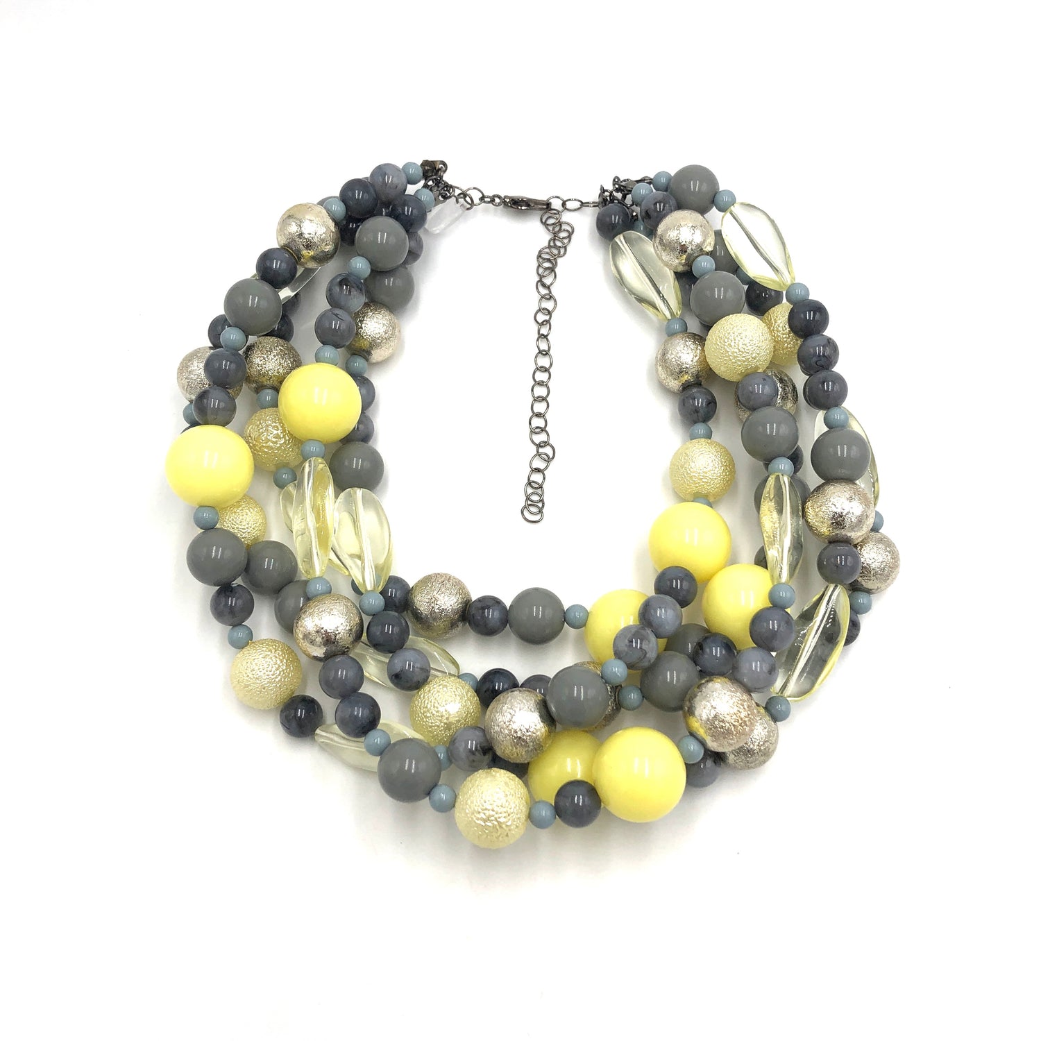 grey beaded necklace with yellow