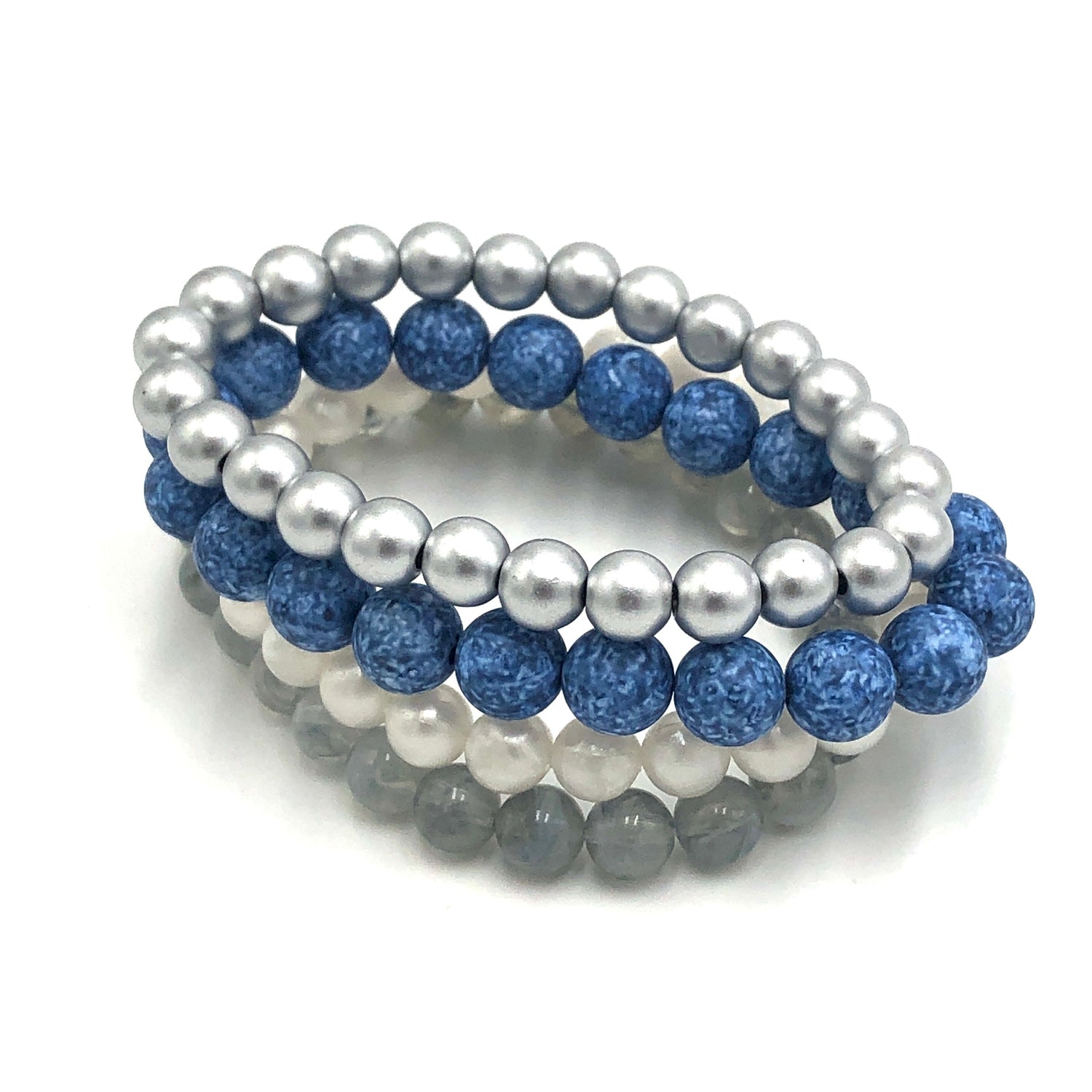 blues greys white stack bracelets