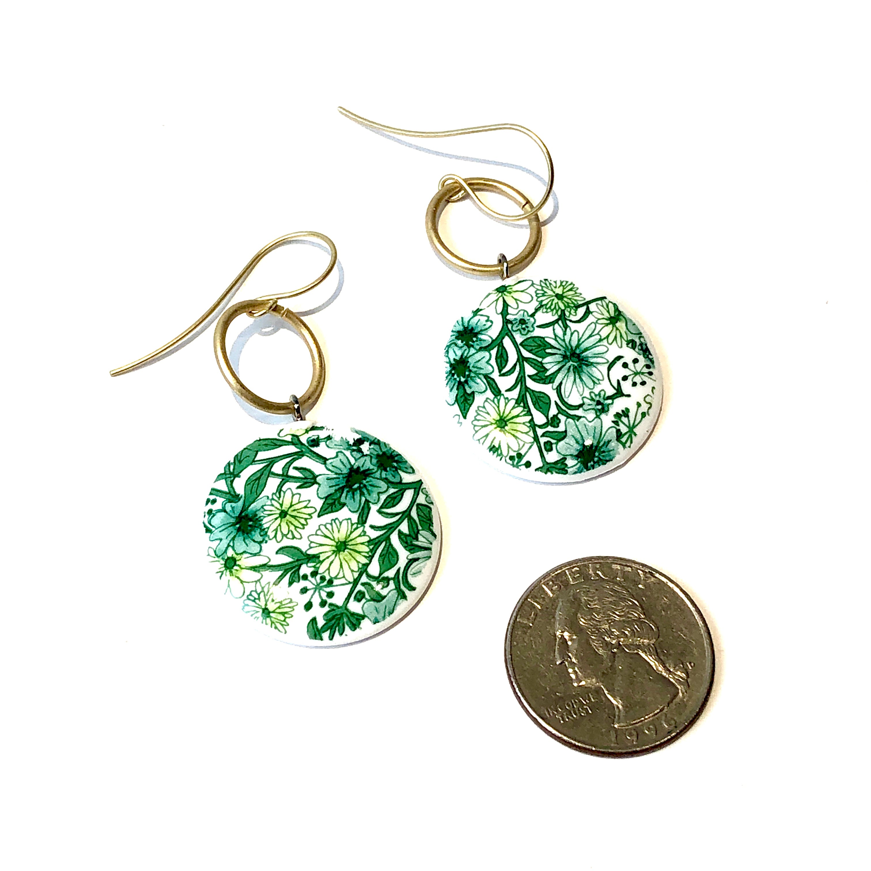 Green &amp; White Floral Ring Earrings