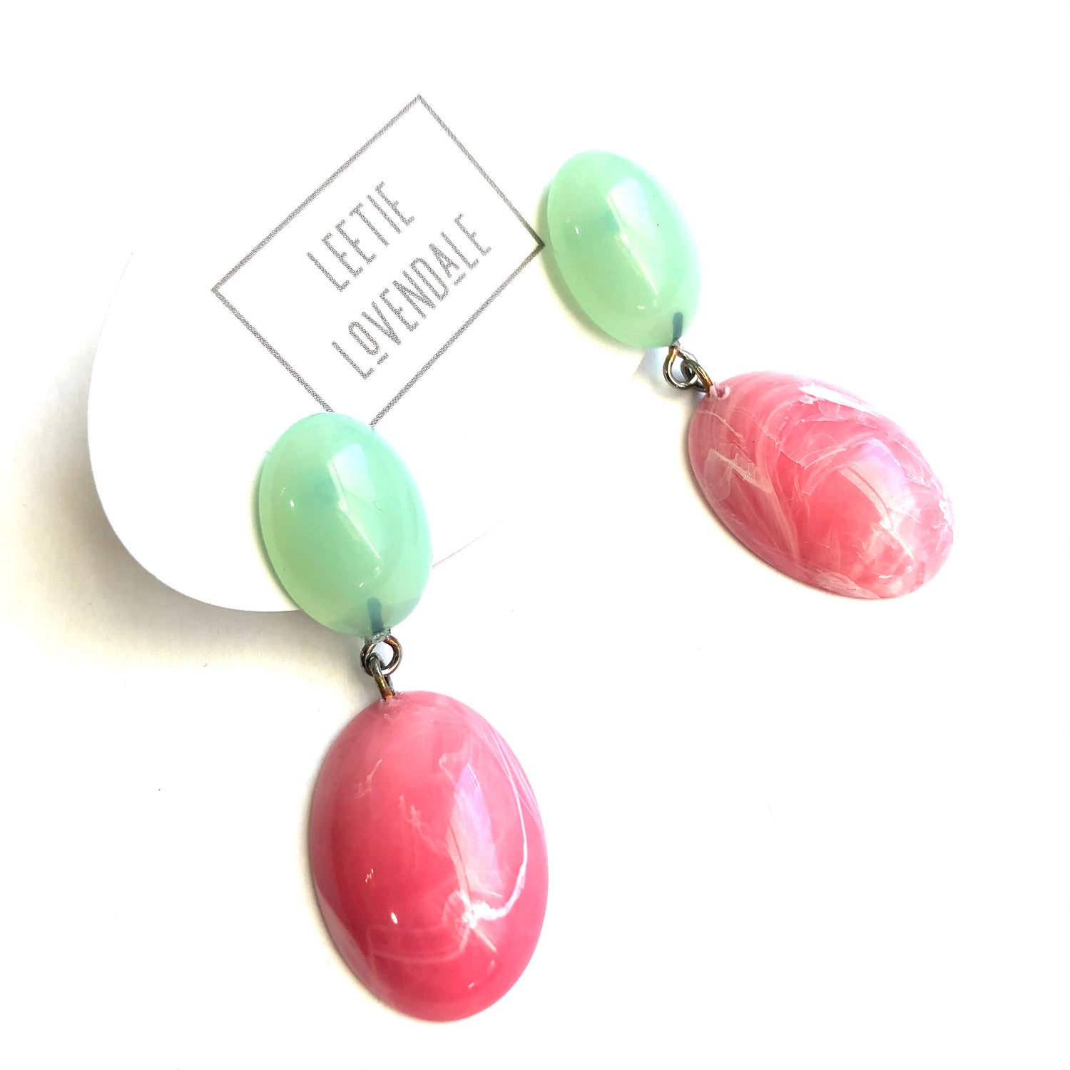 Pink Marbled &amp; Mint Green Opal Jelly Bean Earrings