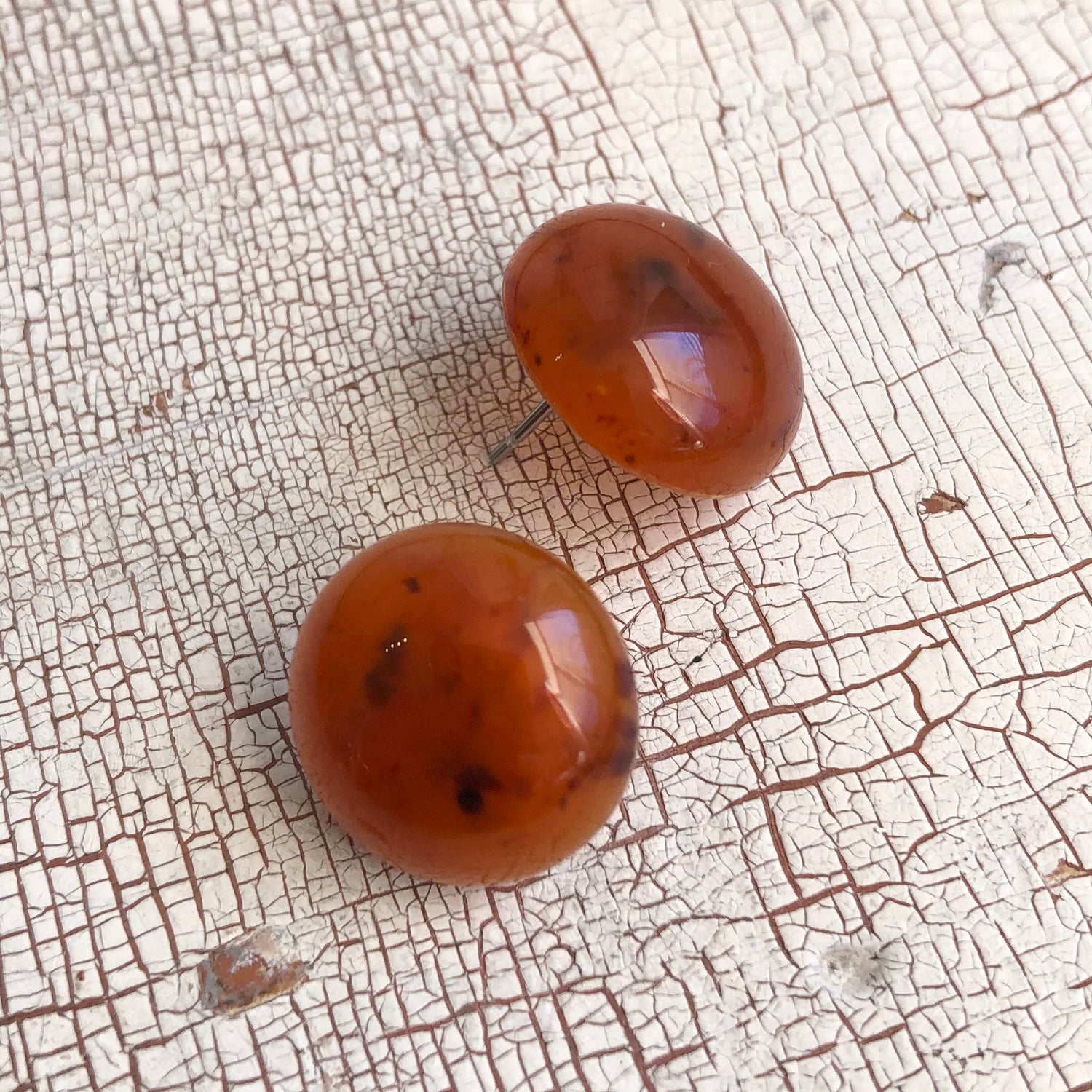 Carnelian Honey Amber Speckled Granite Retro Button Stud Earrings