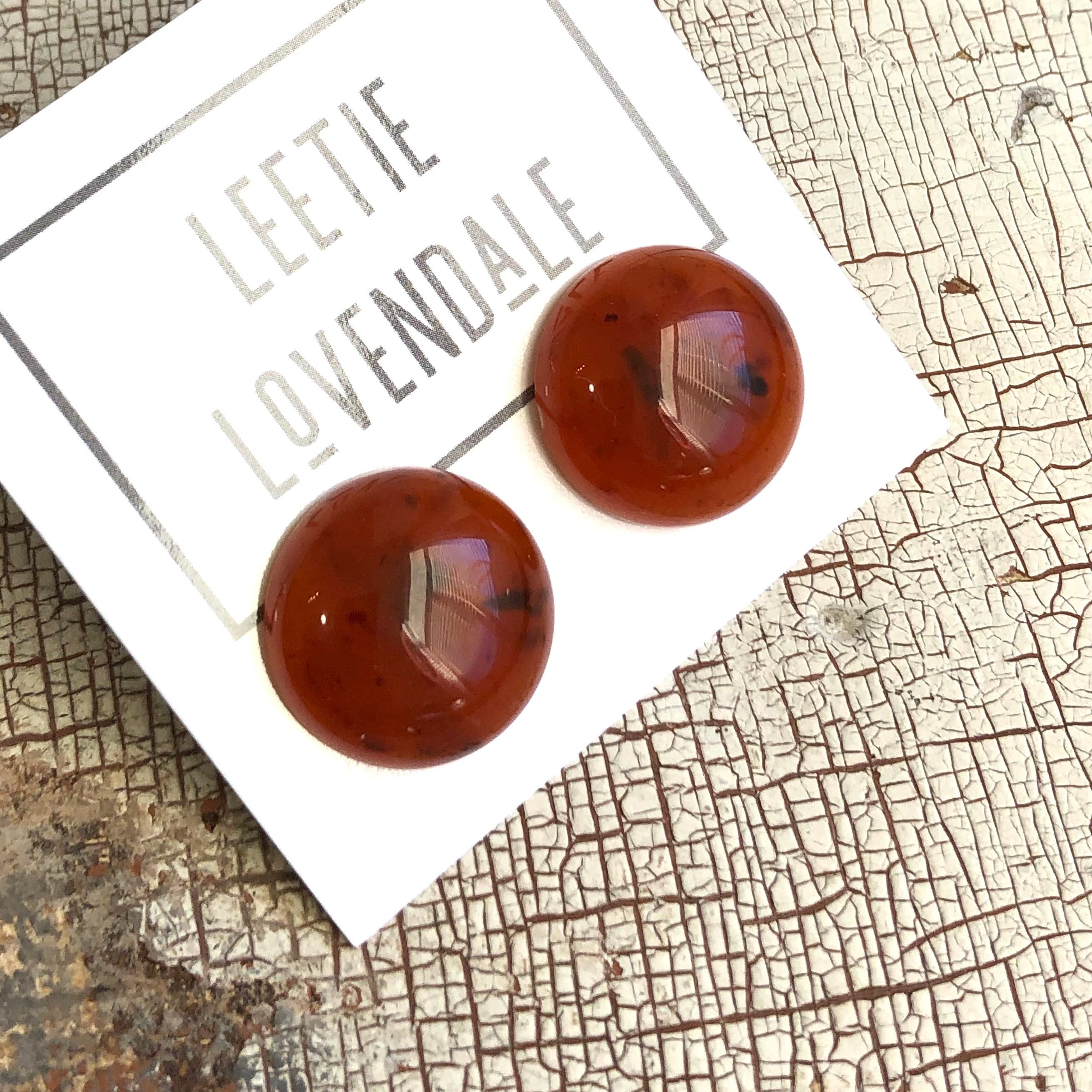 Carnelian Honey Amber Speckled Granite Retro Button Stud Earrings