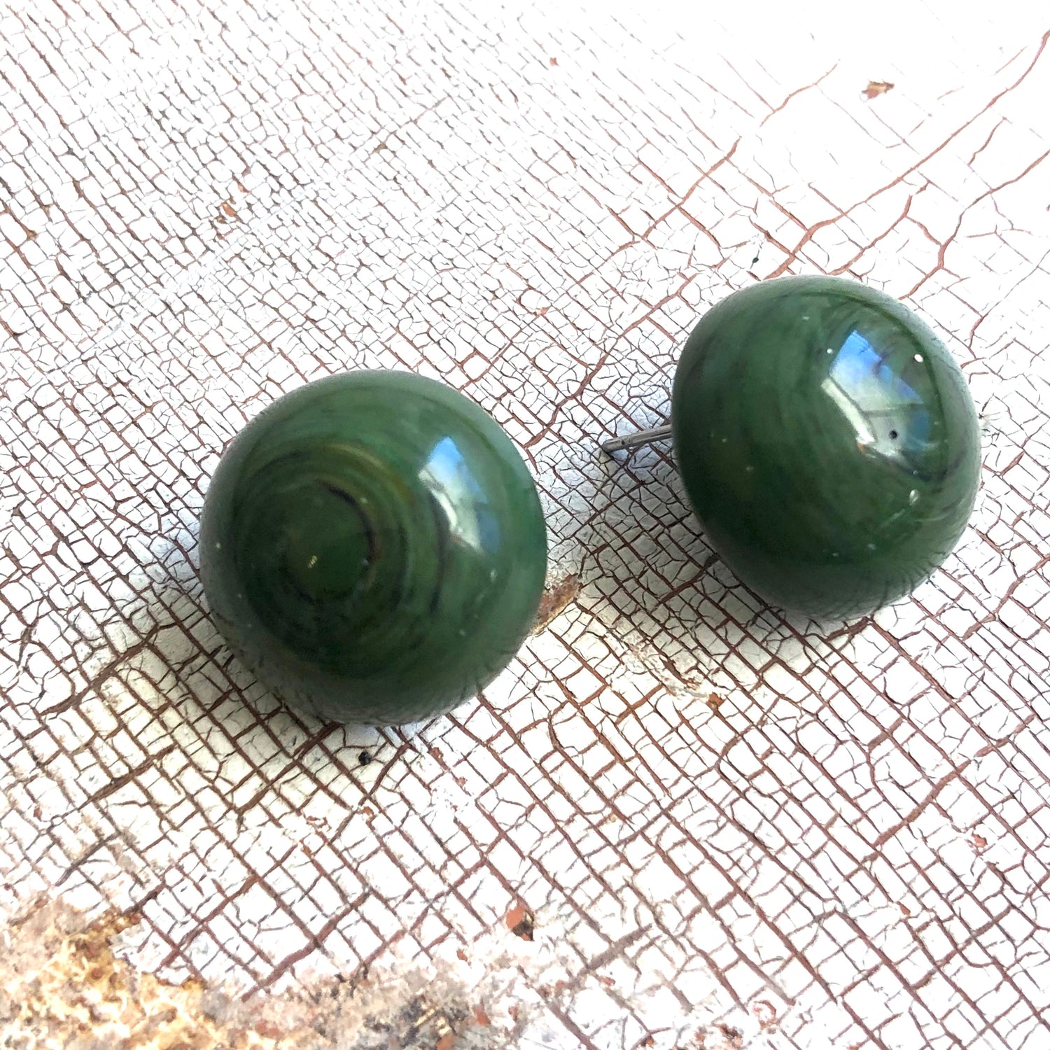 marbled green button earrings