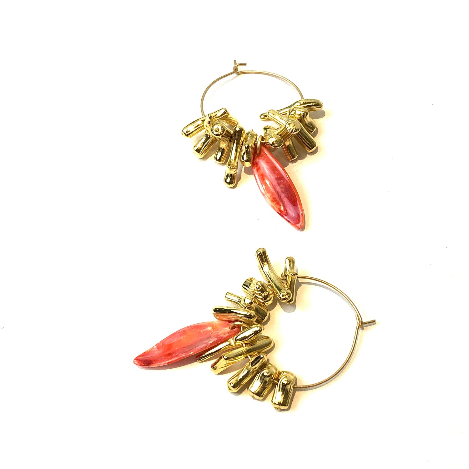 Coral Leaf &amp; Vintage Gold Hoop Earrings