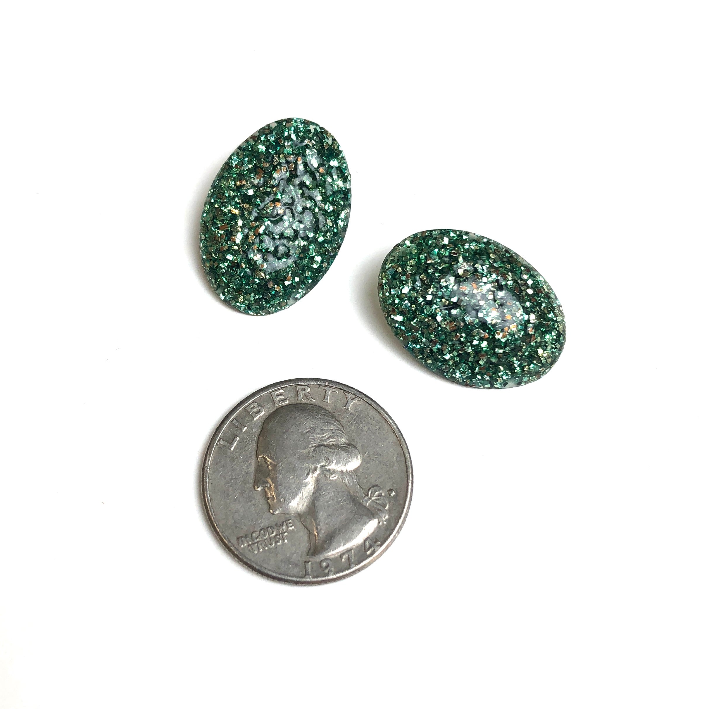 Green Silver Glitter Oval Button Studs