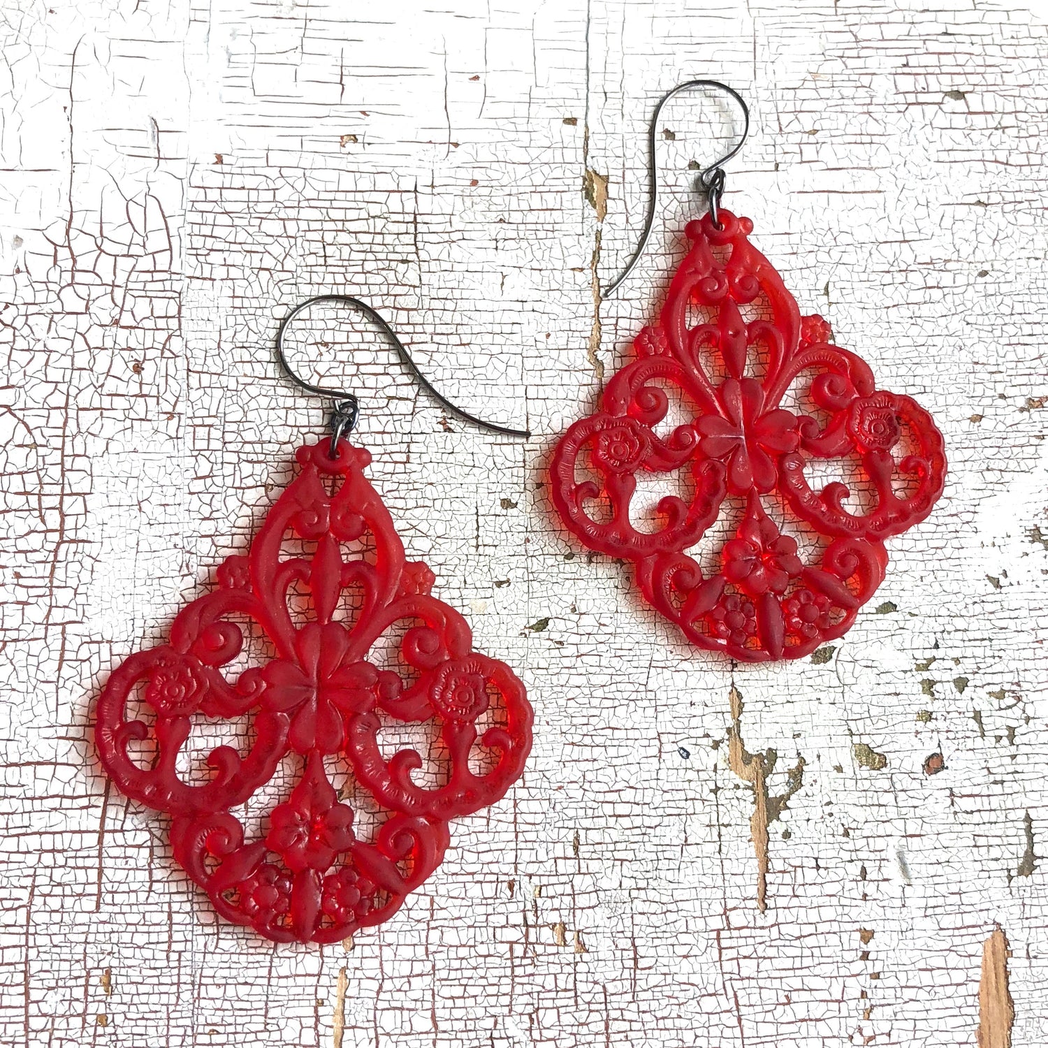 red filigree chandelier earrings