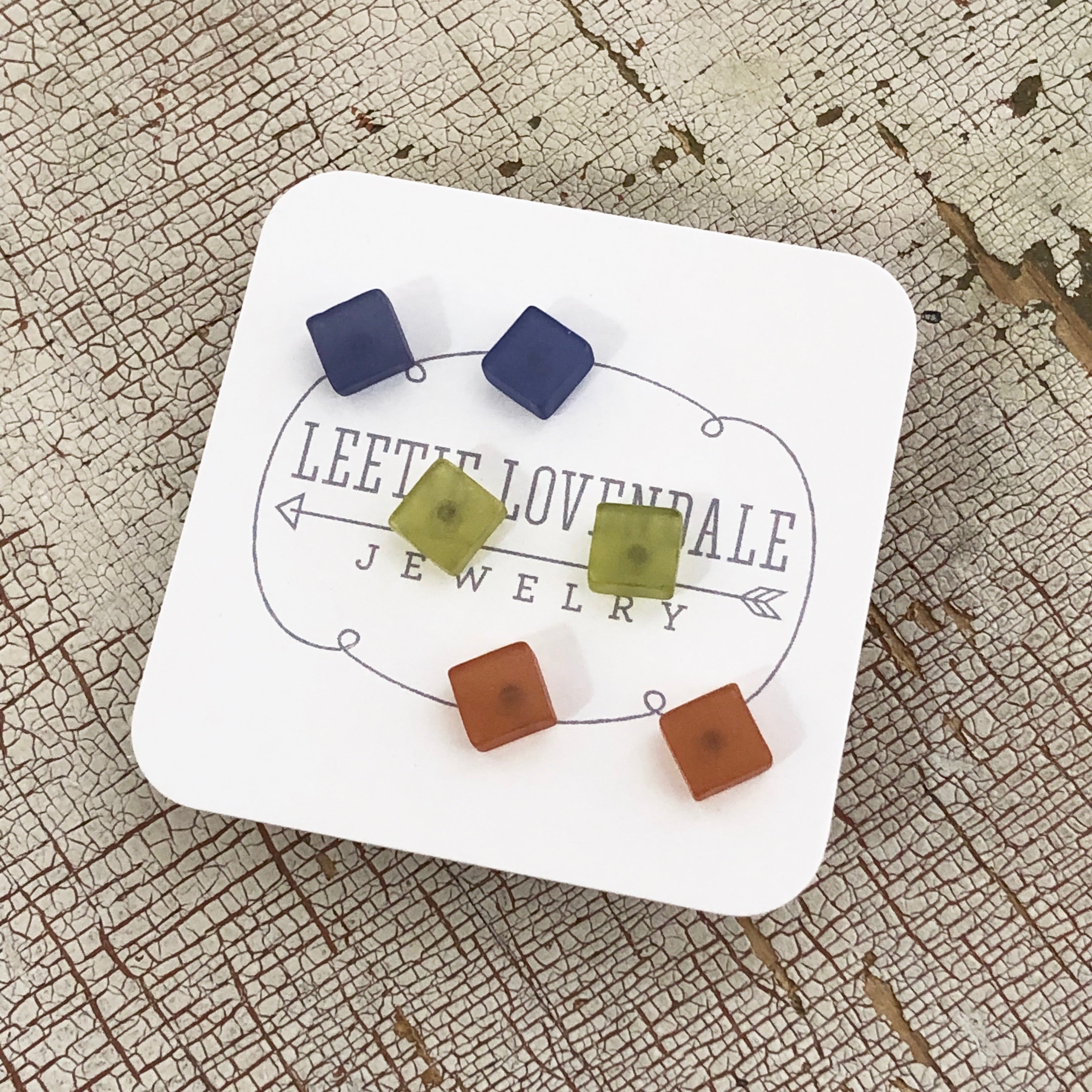Blue Green &amp; Brown Frosted Minimalist Mod Square Stud Earrings Set