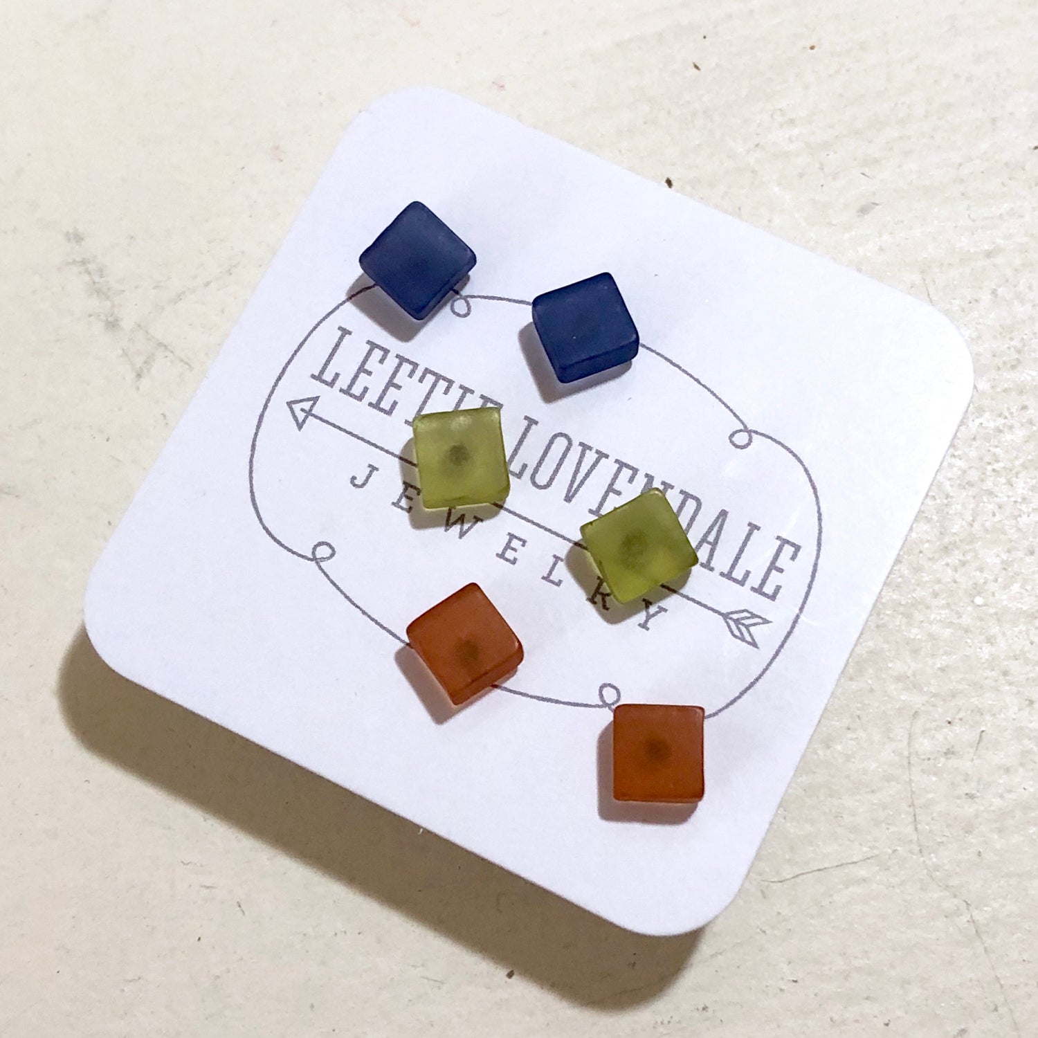 Blue Green &amp; Brown Frosted Minimalist Mod Square Stud Earrings Set