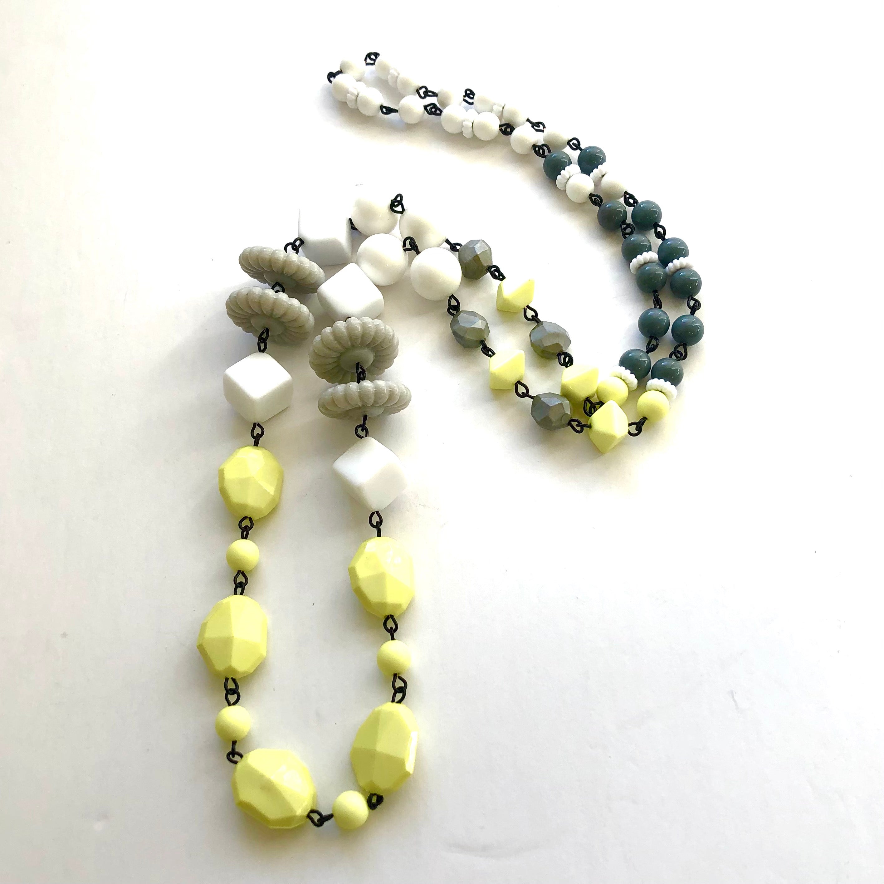 Neon Yellow &amp; Grey Beaded Rosary Chain Rope Necklace