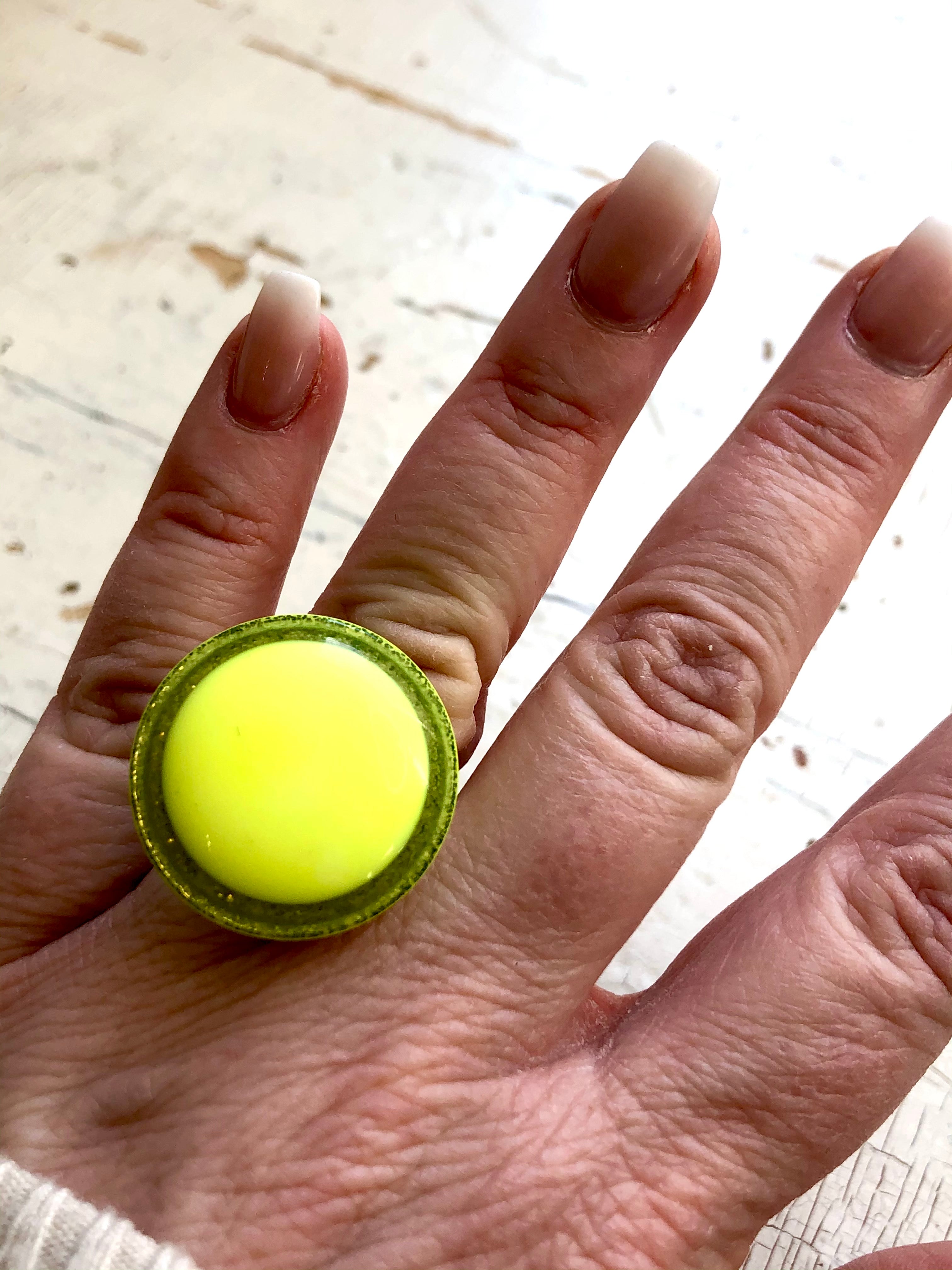 Neon Yellow Glitter Resin Cocktail Ring